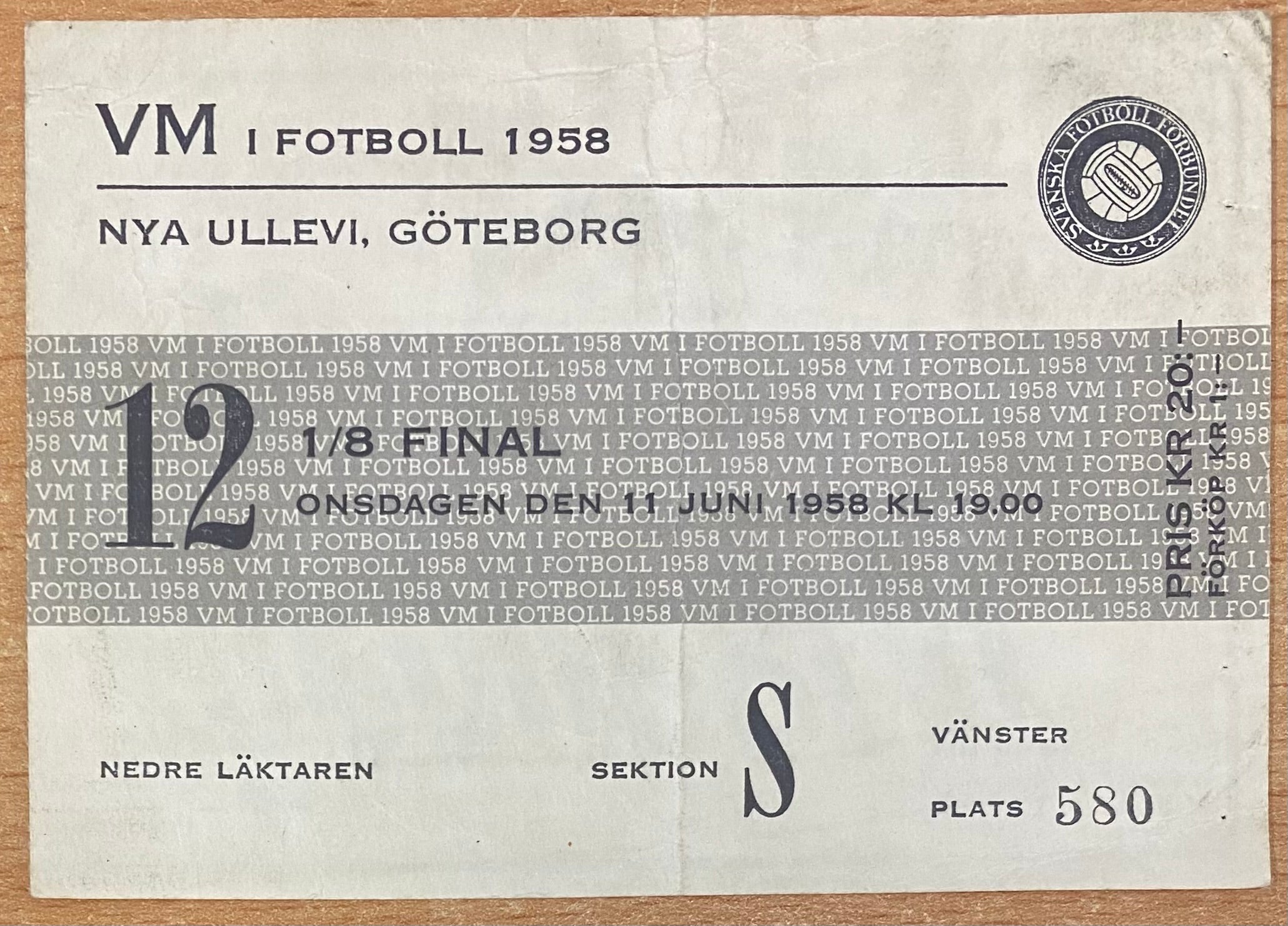 1958 ORIGINAL WORLD CUP TICKET ENGLAND V BRAZIL @ GOTHENBURG