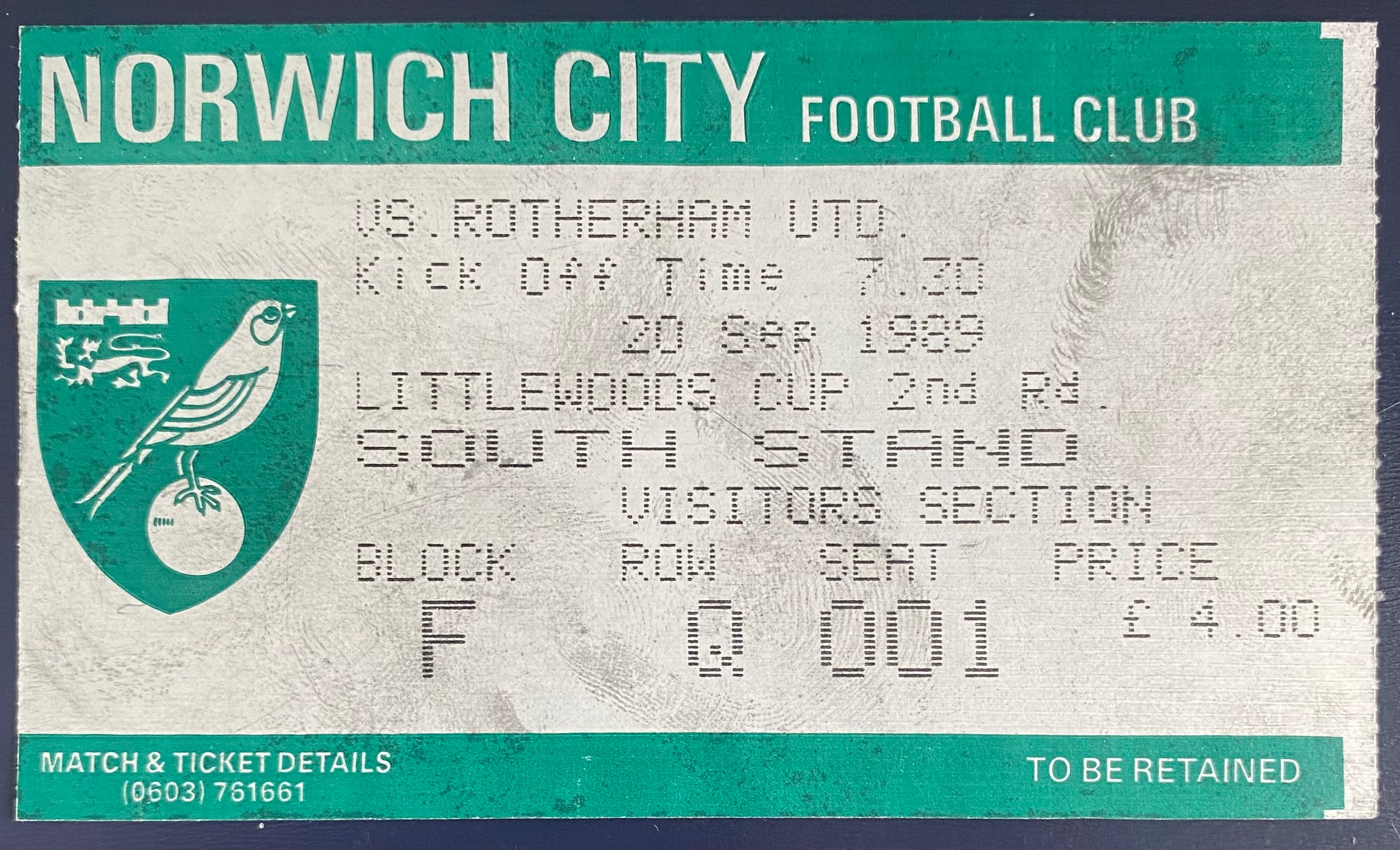 1989/90 ORIGINAL LITTLEWOODS CUP 2ND ROUND 1ST LEG TICKET NORWICH CITY V ROTHERHAM UNITED
