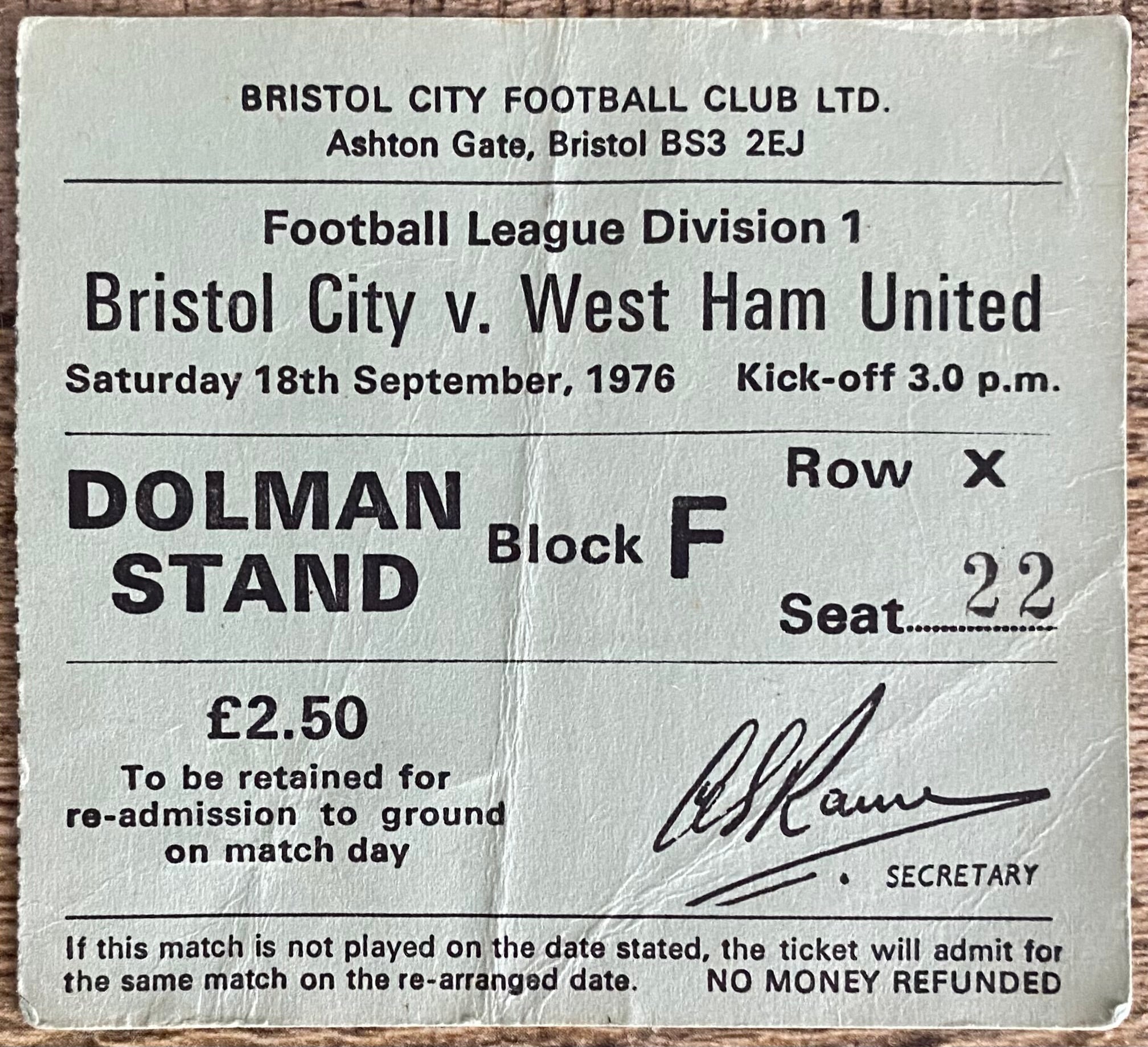 1976/77 ORIGINAL DIVISION 1 TICKET BRISTOL CITY V WEST HAM UNITED