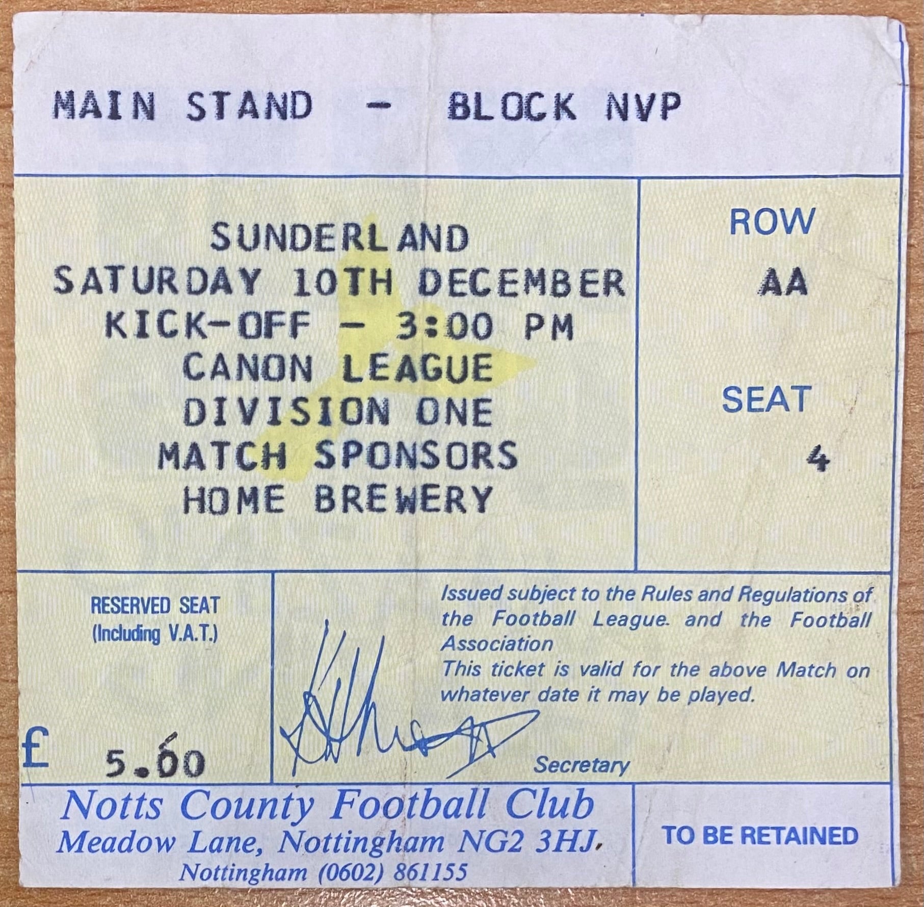 1983/84 ORIGINAL DIVISION 1 TICKET NOTTS COUNTY V SUNDERLAND