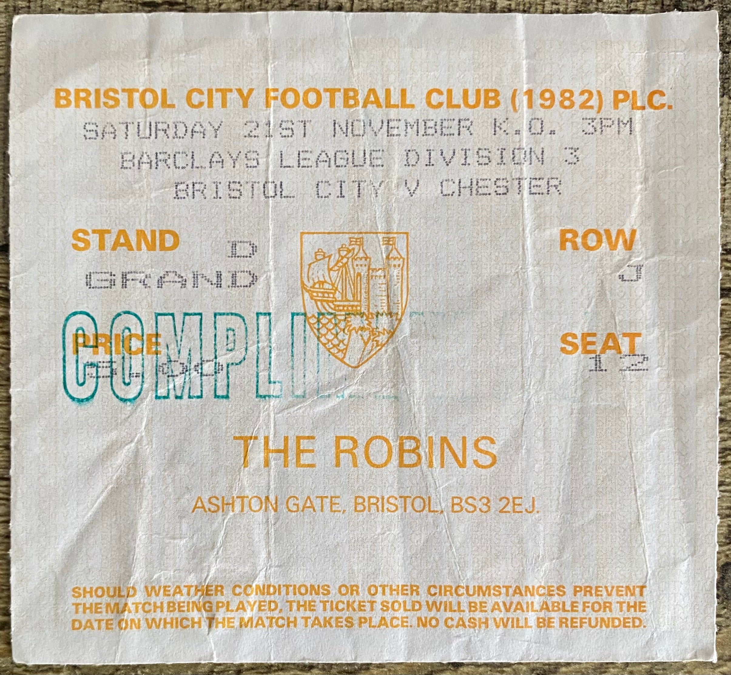 1987/88 ORIGINAL DIVISION 3 TICKET BRISTOL CITY V CHESTER CITY