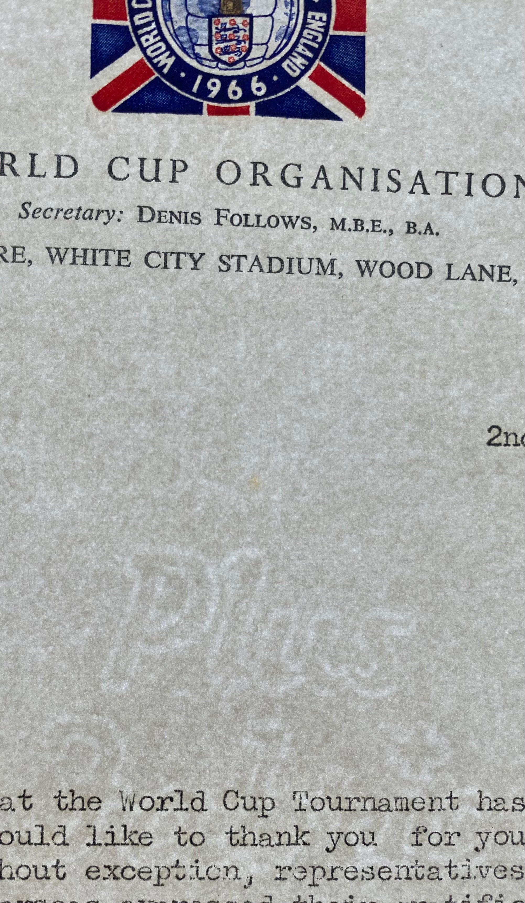 1966 WORLD CUP ORIGINAL OFFICIAL LETTER (THANKYOU LETTER) AUG 1966