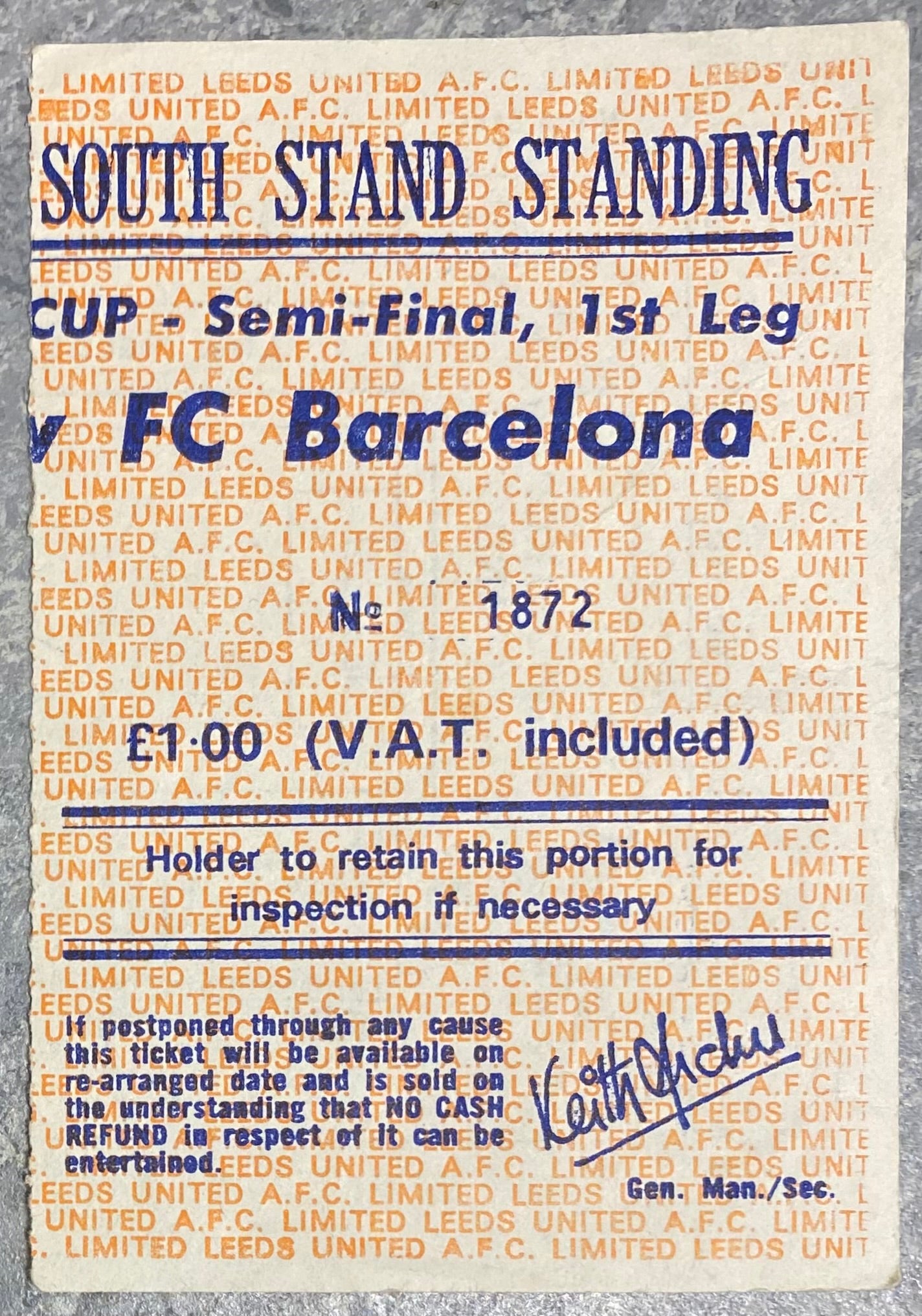1974/75 ORIGINAL EUROPEAN CUP SEMI FINAL 1ST LEG TICKET LEEDS UNITED V BARCELONA