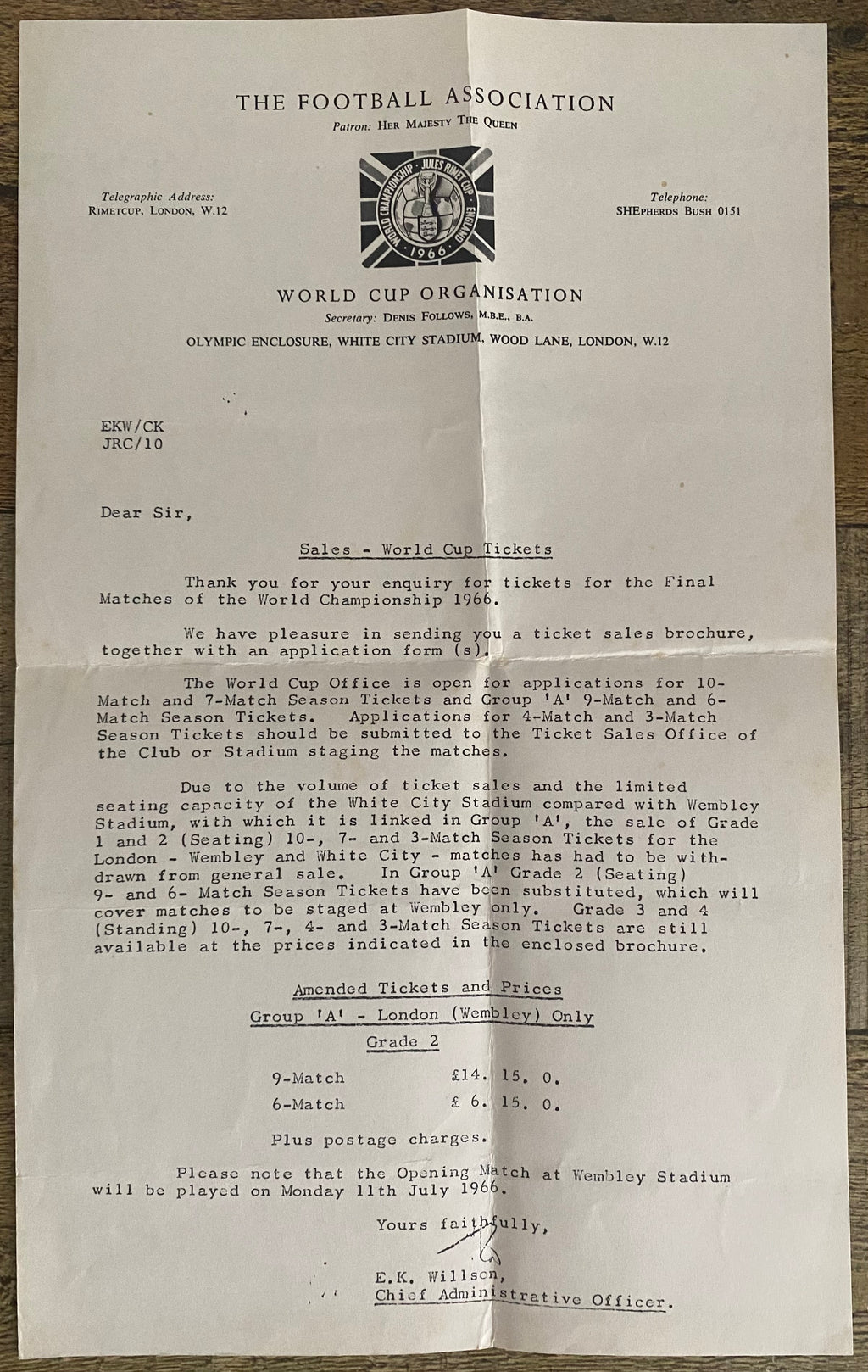 1966 WORLD CUP ORIGINAL OFFICIAL LETTER (WHITE CITY TICKET ENQUIRY) APR 1965