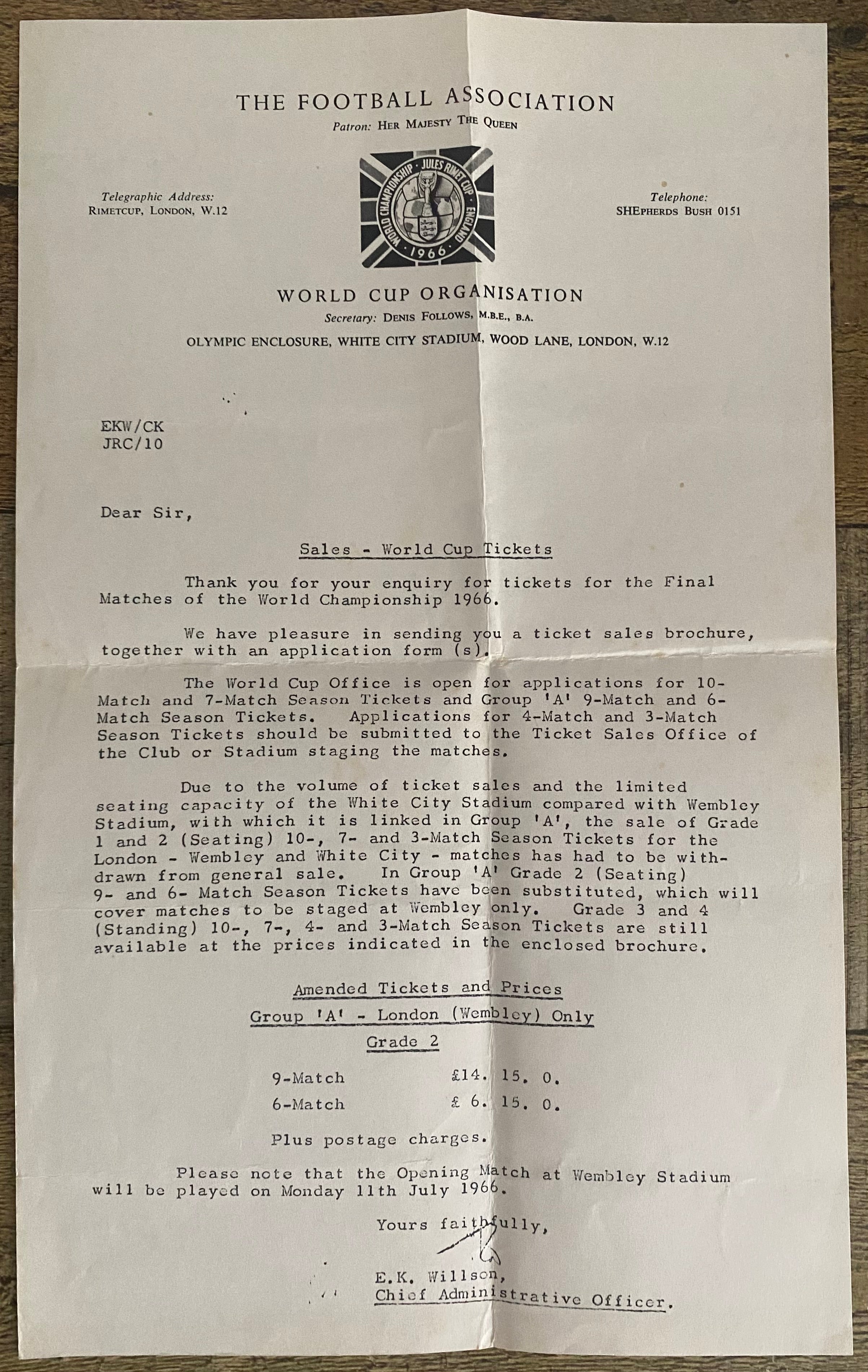 1966 WORLD CUP ORIGINAL OFFICIAL LETTER (WHITE CITY TICKET ENQUIRY) APR 1965