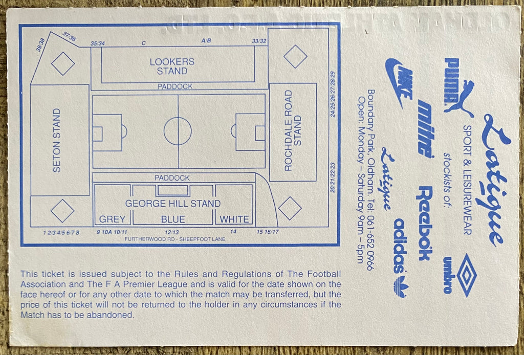 1993/94 ORIGINAL FA PREMIERSHIP TICKET OLDHAM ATHLETIC V EVERTON