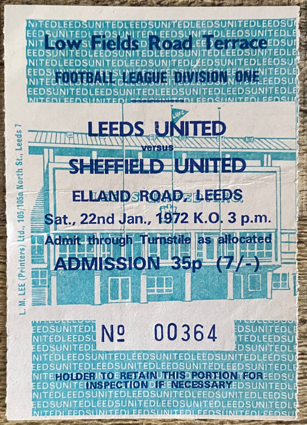 1971/72 ORIGINAL DIVISION ONE TICKET LEEDS UNITED V SHEFFIELD UNITED
