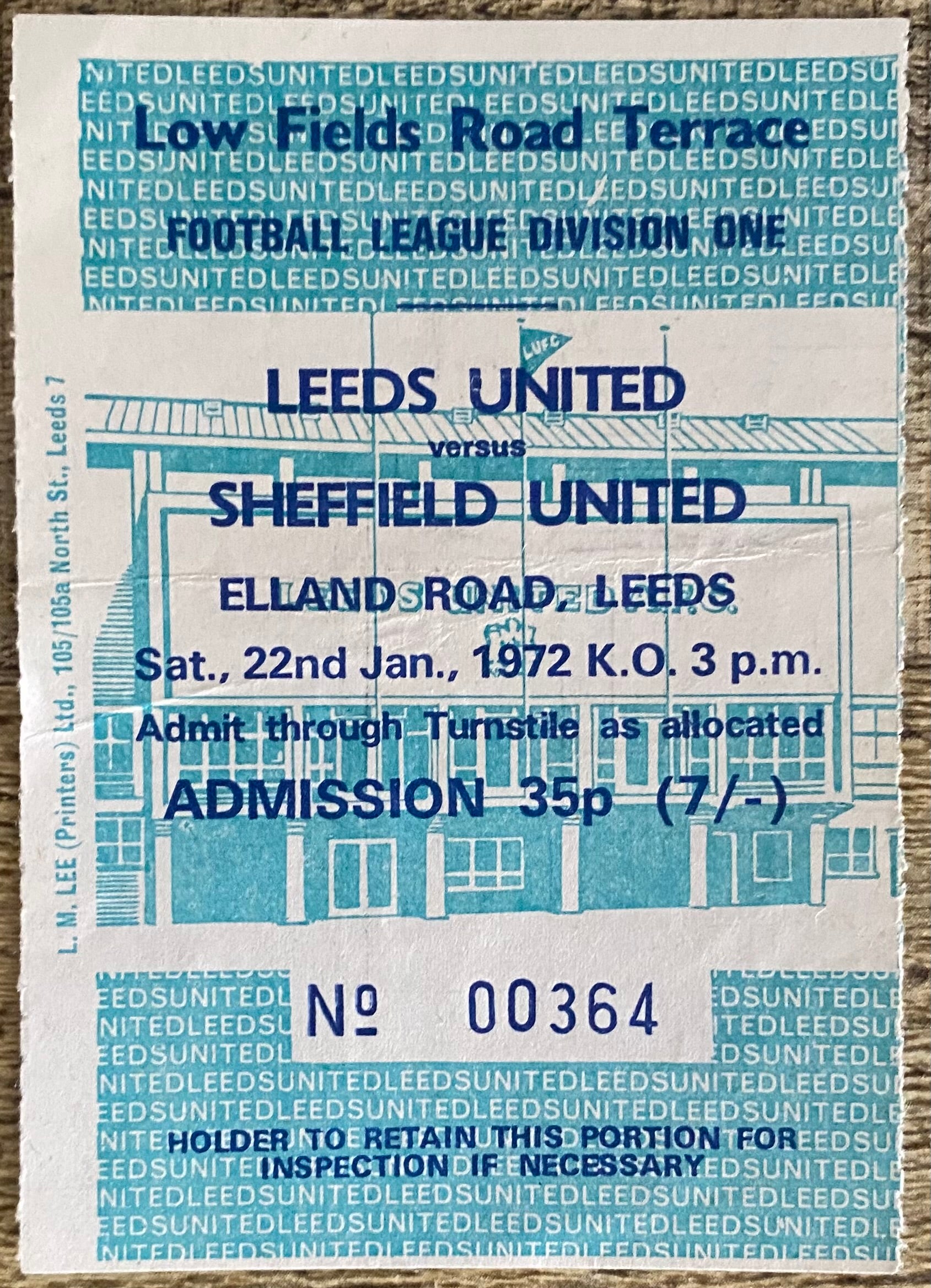 1971/72 ORIGINAL DIVISION ONE TICKET LEEDS UNITED V SHEFFIELD UNITED