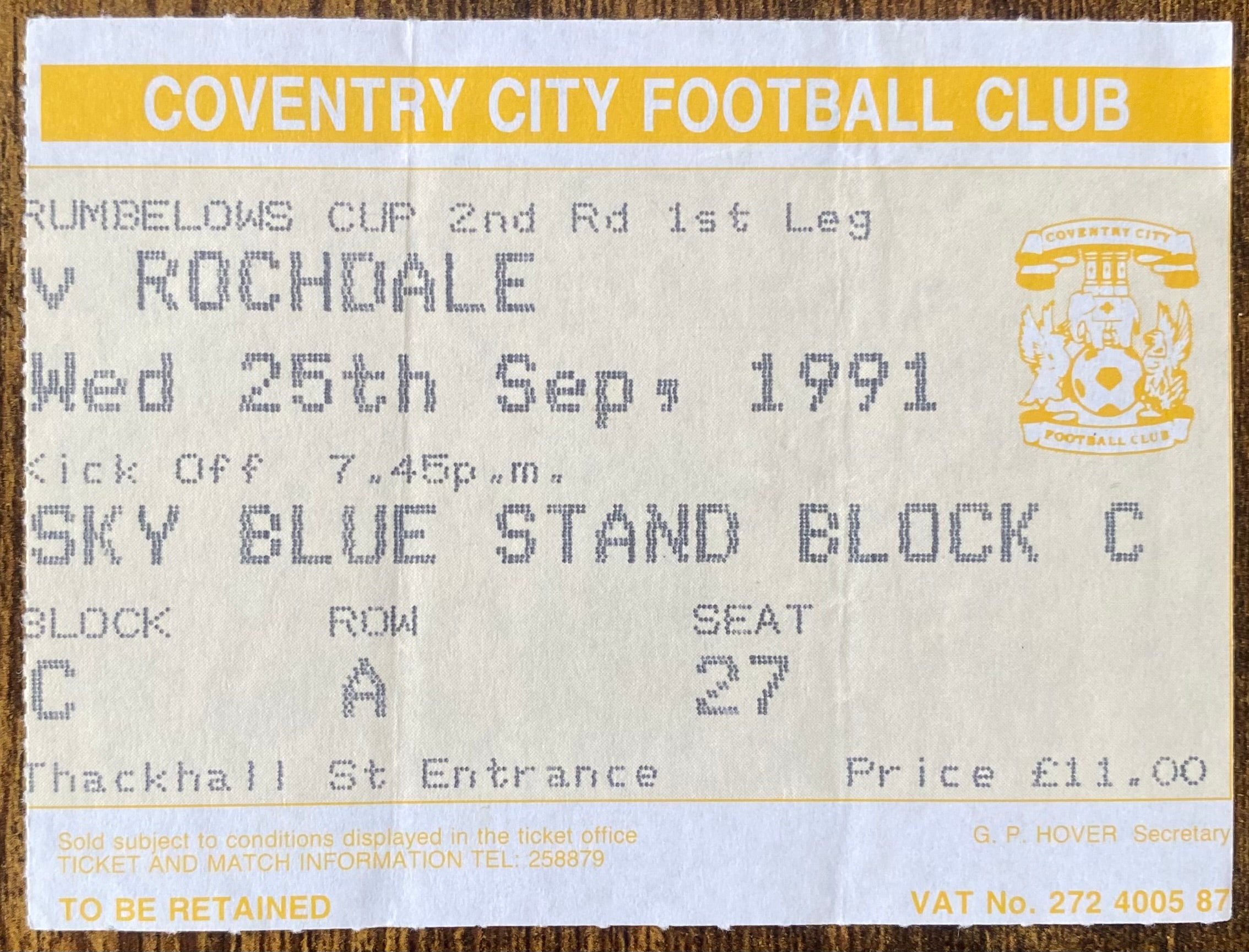 1991/92 ORIGINAL RUMBELOWS CUP 2ND ROUND 1ST LEG TICKET COVENTRY CITY V ROCHDALE