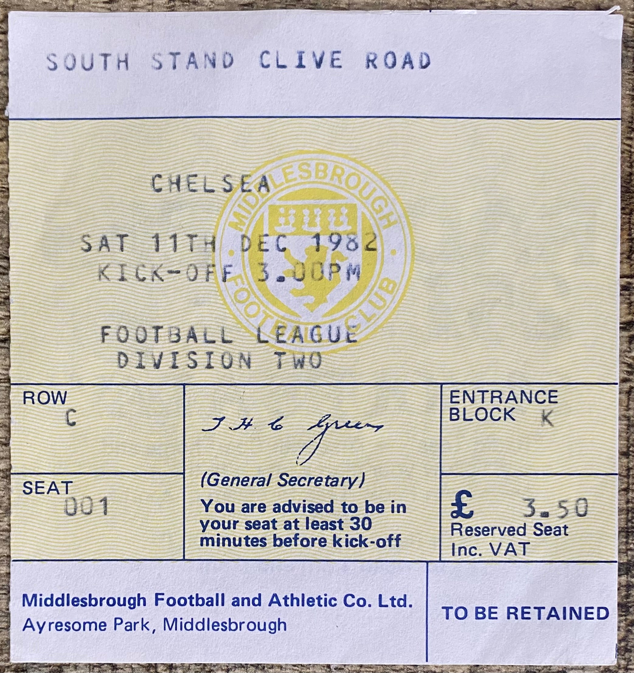 1982/83 ORIGINAL DIVISION TWO TICKET MIDDLESBROUGH V CHELSEA