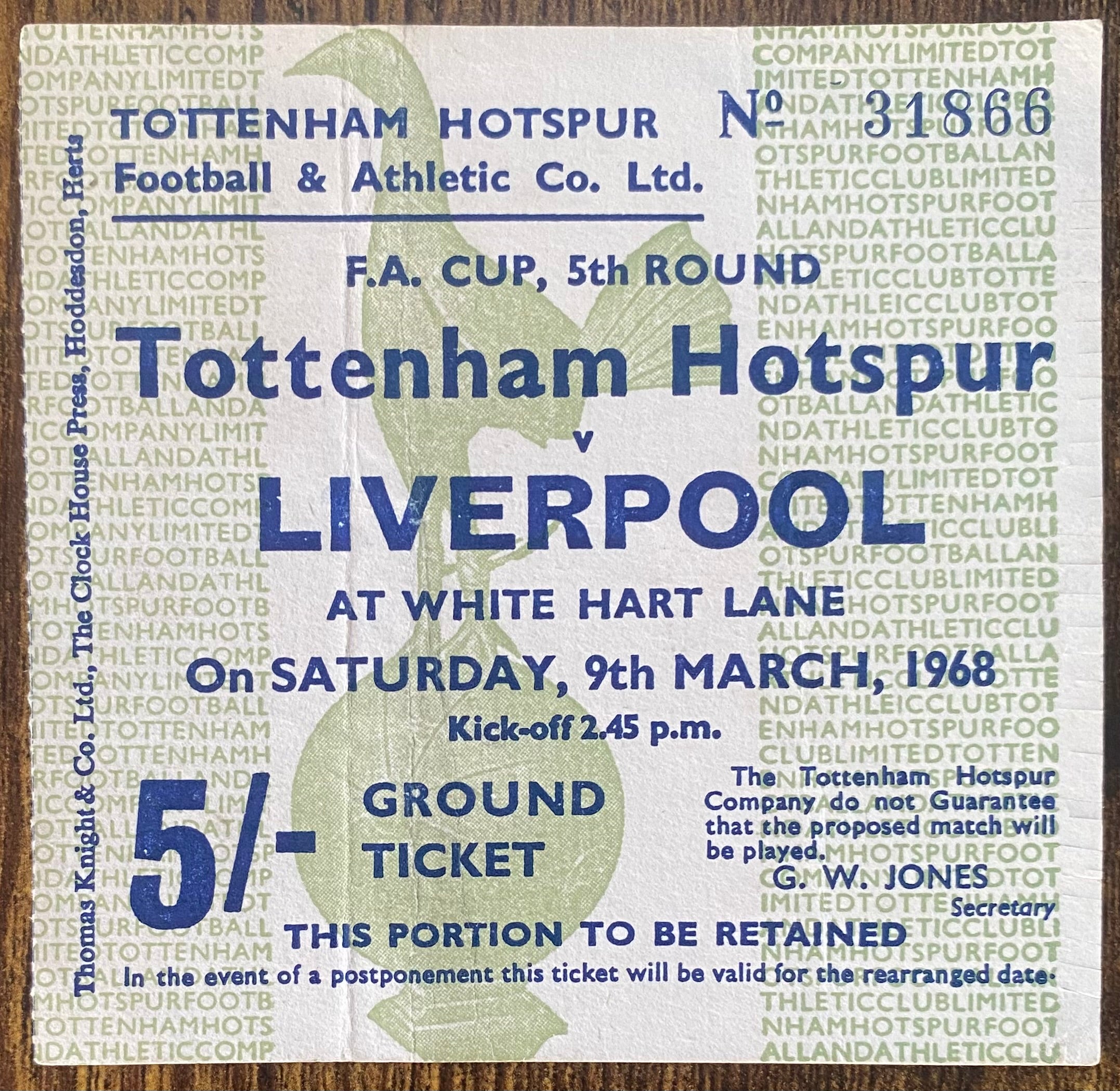 1967/68 ORIGINAL FA CUP 5TH ROUND TICKET TOTTENHAM HOTSPUR V LIVERPOOL