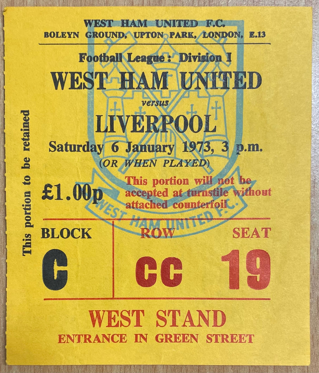 1972/73 ORIGINAL DIVISION ONE TICKET WEST HAM UNITED V LIVERPOOL