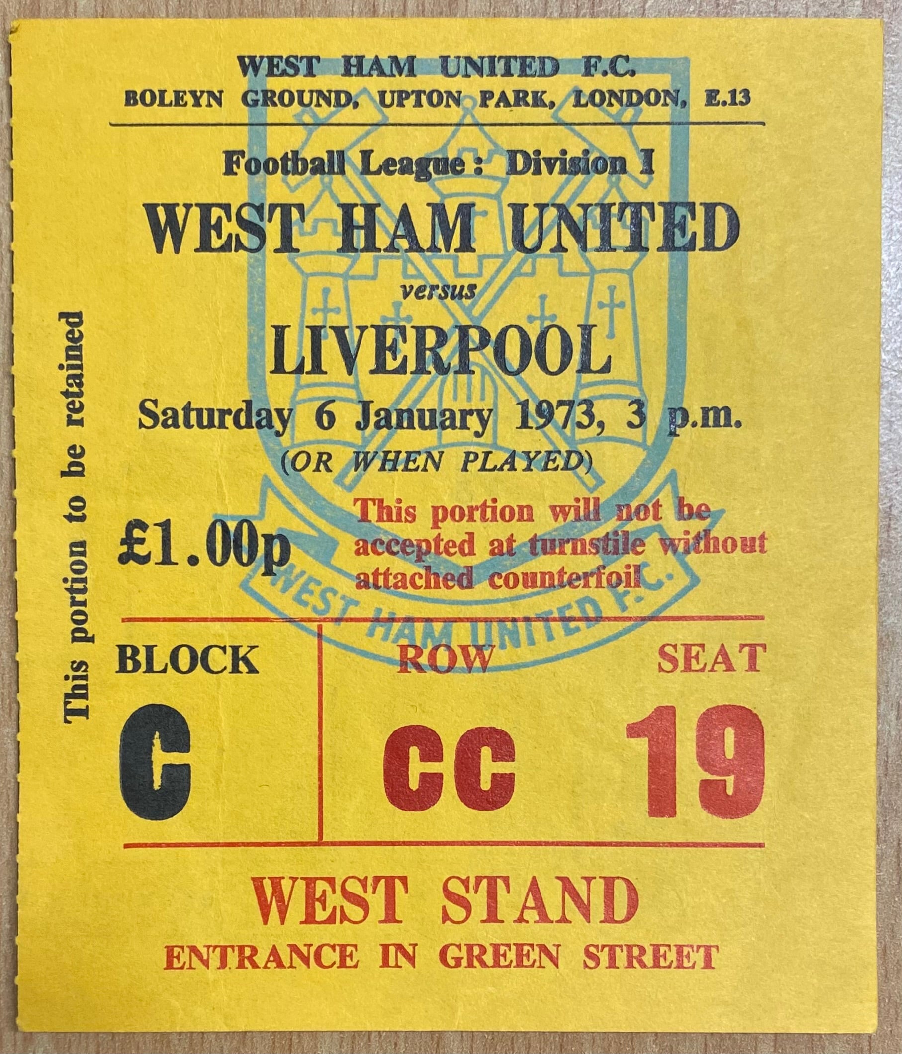 1972/73 ORIGINAL DIVISION ONE TICKET WEST HAM UNITED V LIVERPOOL
