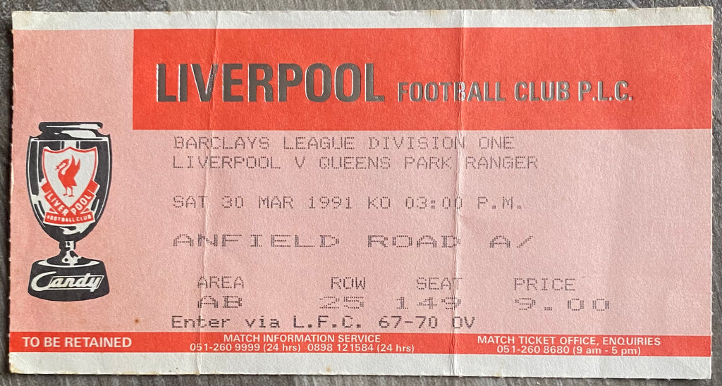 1990/91 ORIGINAL DIVISION 1 TICKET LIVERPOOL V QUEENS PARK RANGERS
