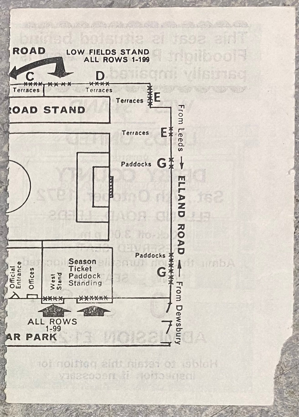 1972/73 ORIGINAL DIVISION 1 TICKET LEEDS UNITED V DERBY COUNTY