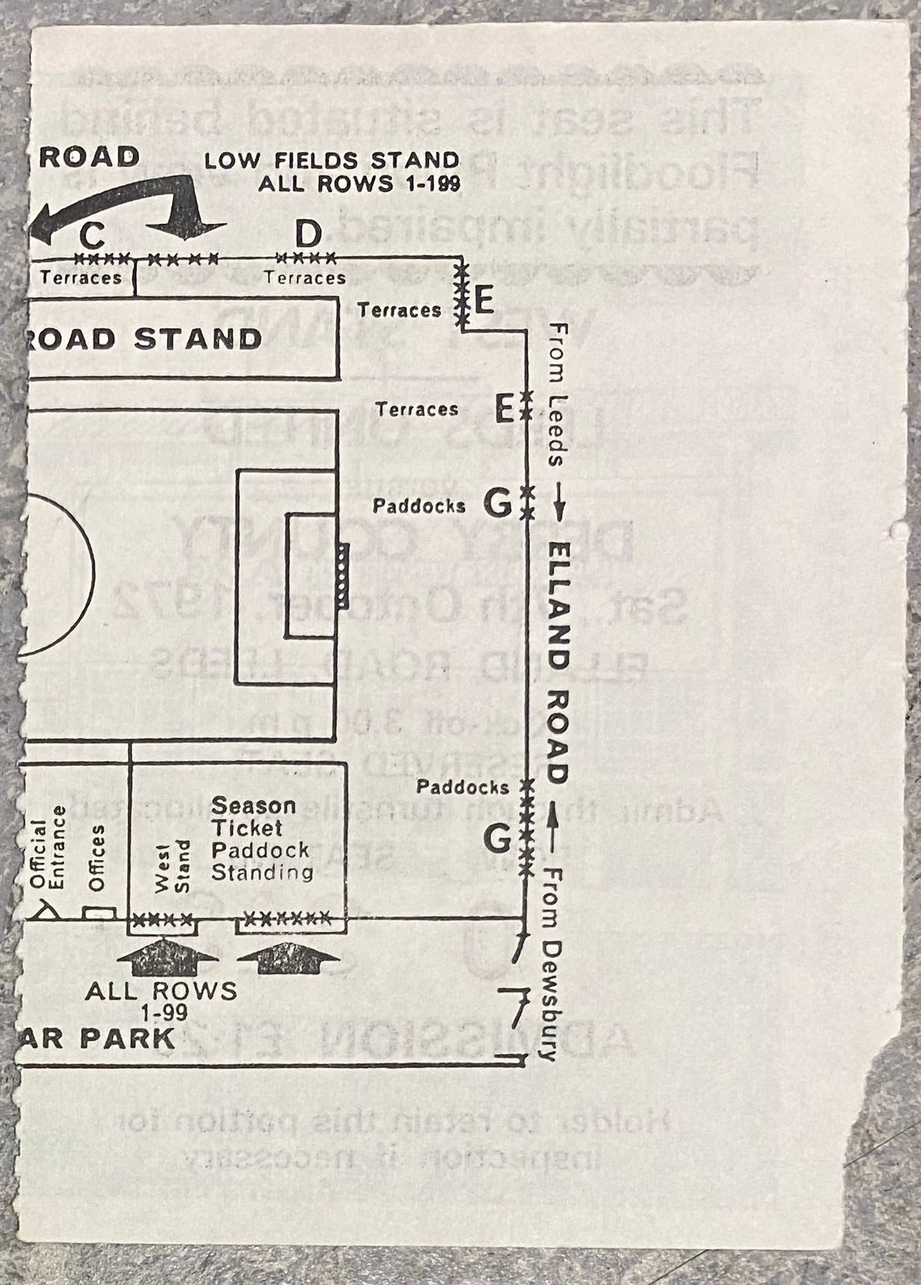 1972/73 ORIGINAL DIVISION 1 TICKET LEEDS UNITED V DERBY COUNTY