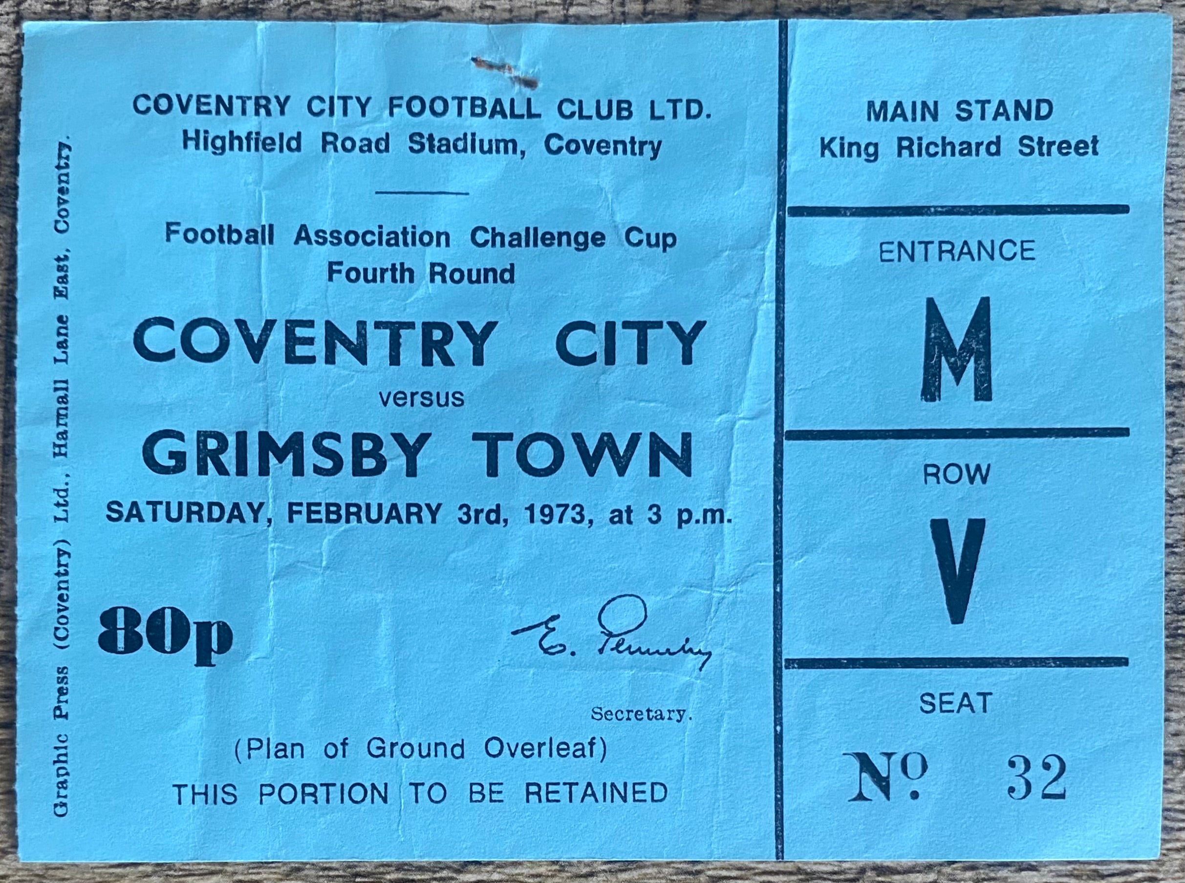 1972/73 ORIGINAL FA CUP 4TH ROUND  TICKET COVENTRY CITY V GRIMSBY TOWN