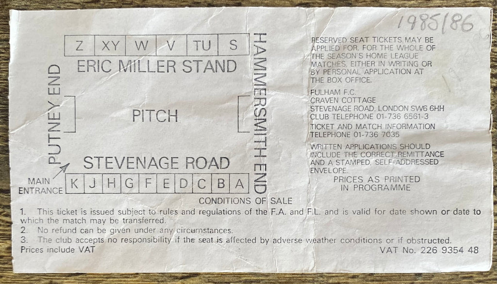 1985/86 ORIGINAL DIVISION 2 TICKET FULHAM V WIMBLEDON