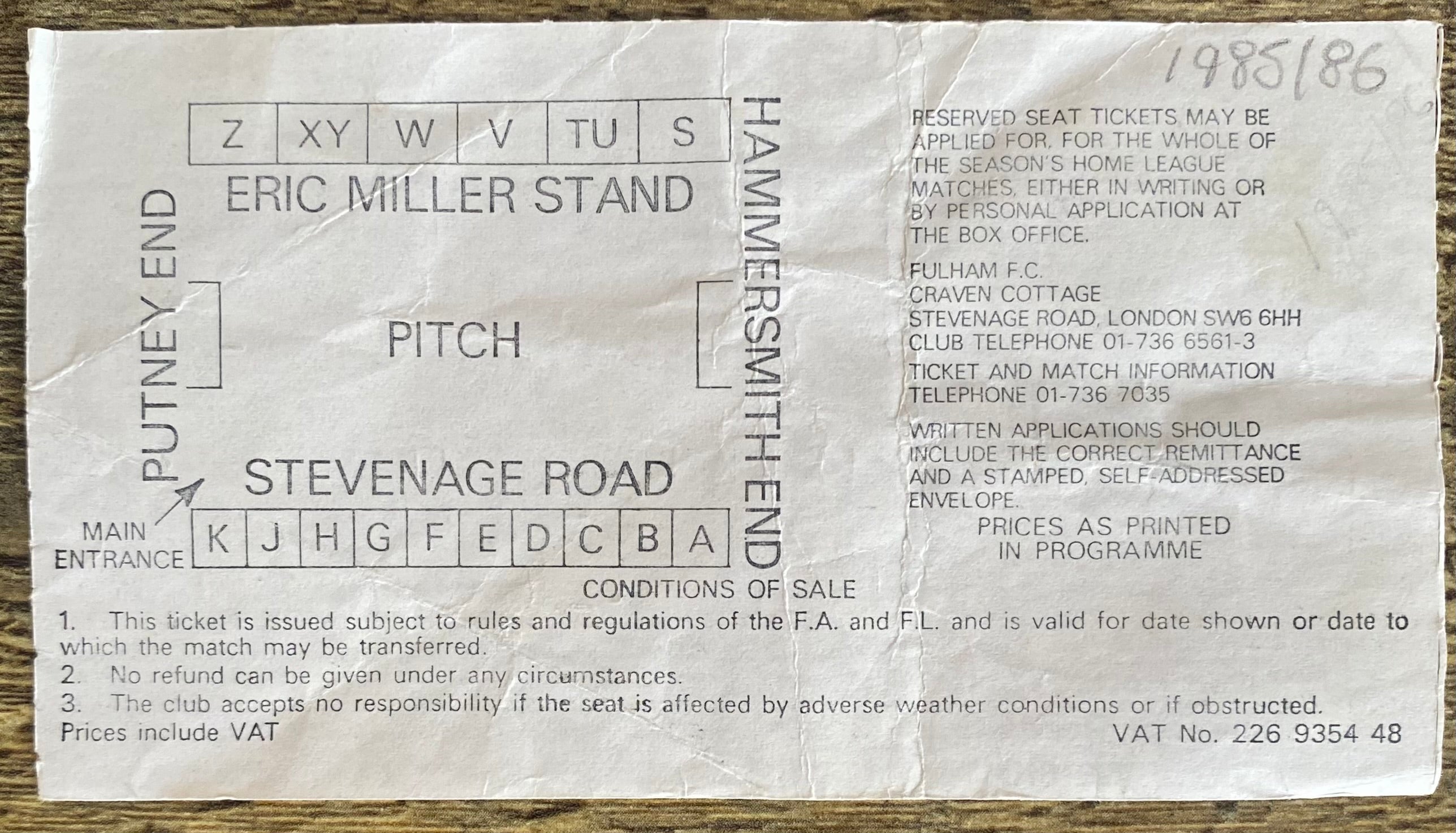 1985/86 ORIGINAL DIVISION 2 TICKET FULHAM V WIMBLEDON