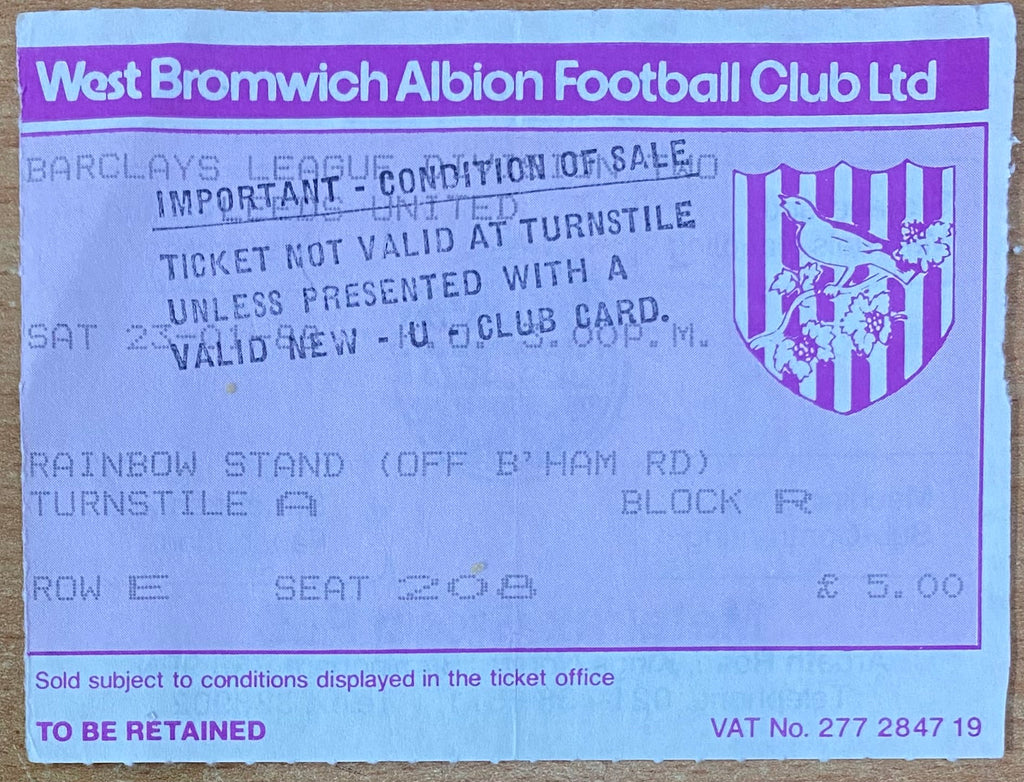 1987/88 ORIGINAL DIVISION 2 TICKET WEST BROMWICH ALBION V LEEDS UNITED