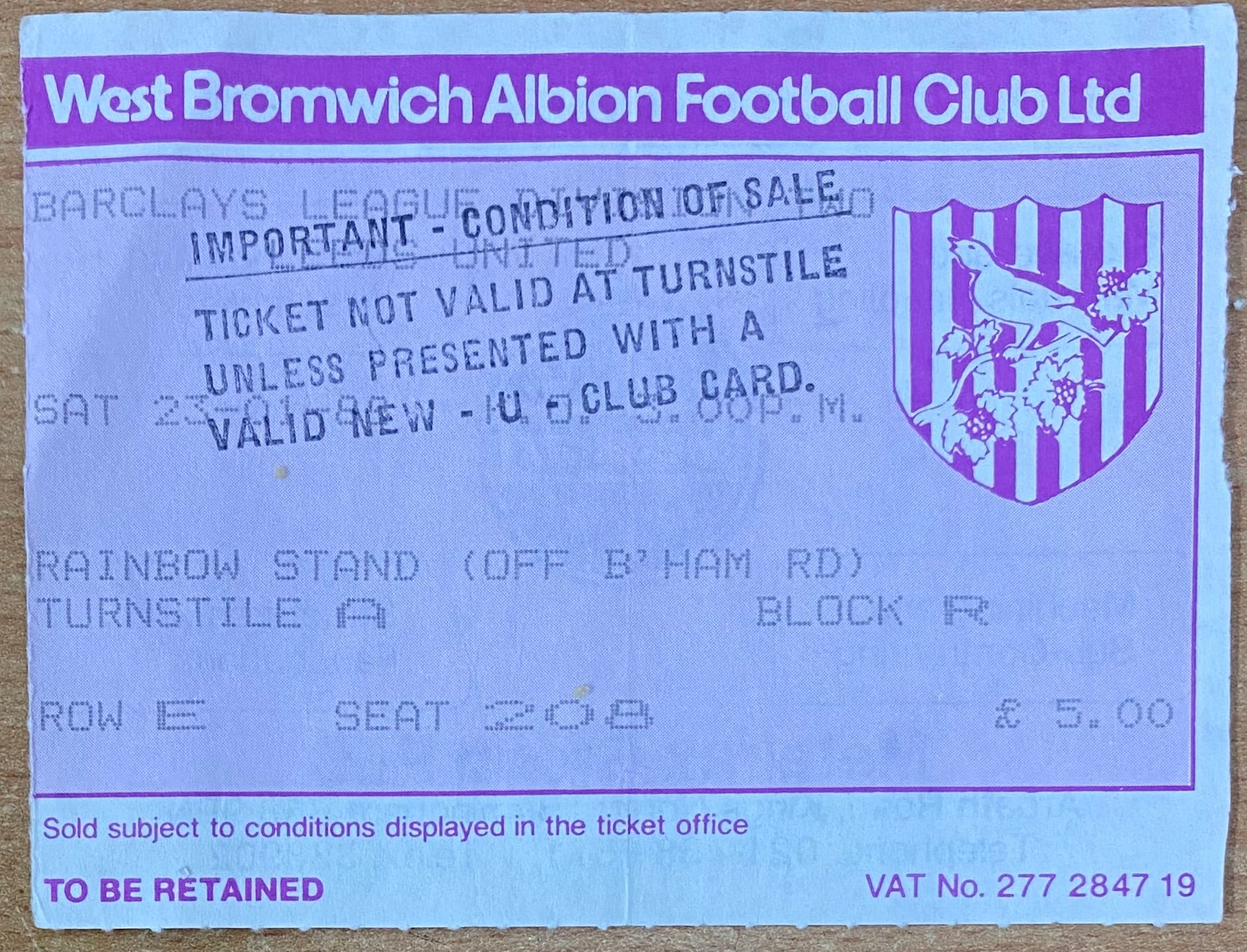 1987/88 ORIGINAL DIVISION 2 TICKET WEST BROMWICH ALBION V LEEDS UNITED
