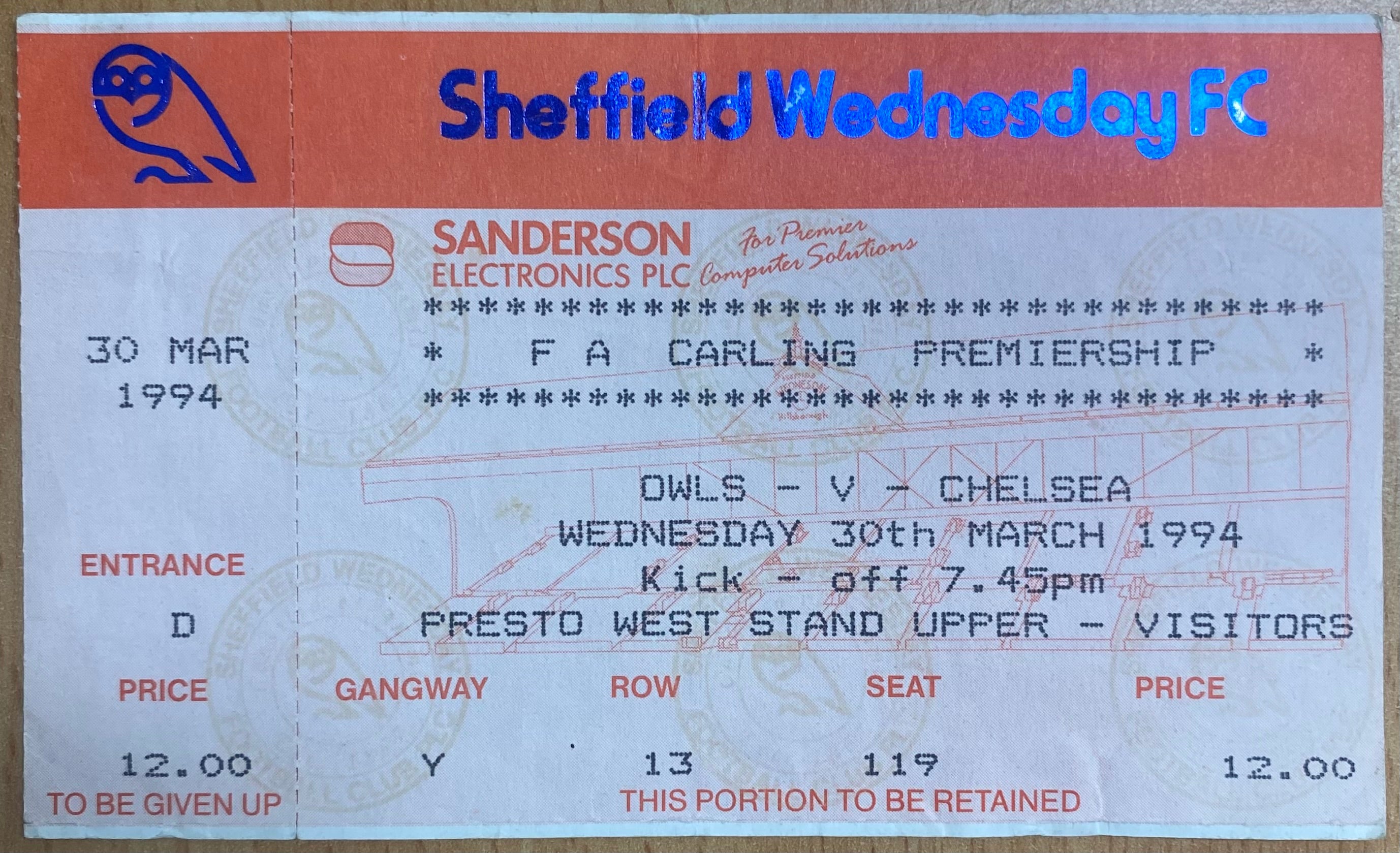 1993/94 ORIGINAL FA PREMIERSHIP UNUSED TICKET SHEFFIELD WEDNESDAY V CHELSEA