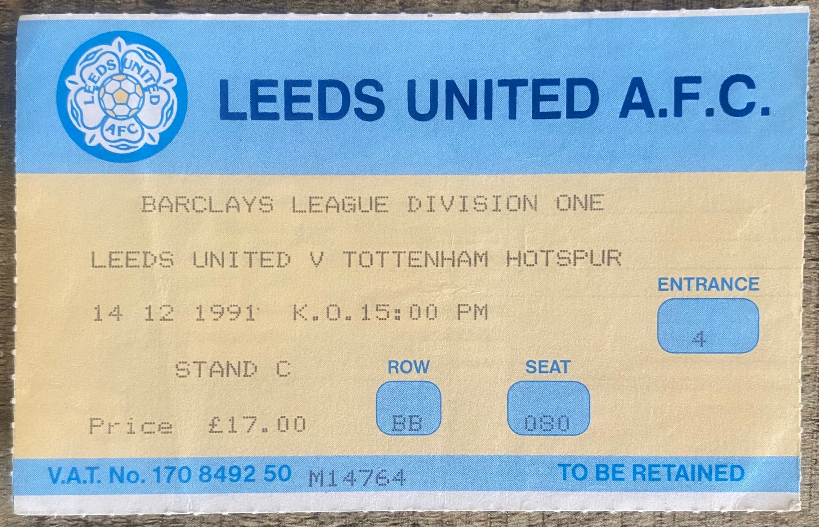 1991/92 ORIGINAL DIVISION 1 TICKET LEEDS UNITED V TOTTENHAM HOTSPUR
