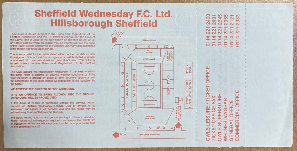 1997/98 ORIGINAL FA PREMIERSHIP UNUSED TICKET SHEFFIELD WEDNESDAY V CHELSEA