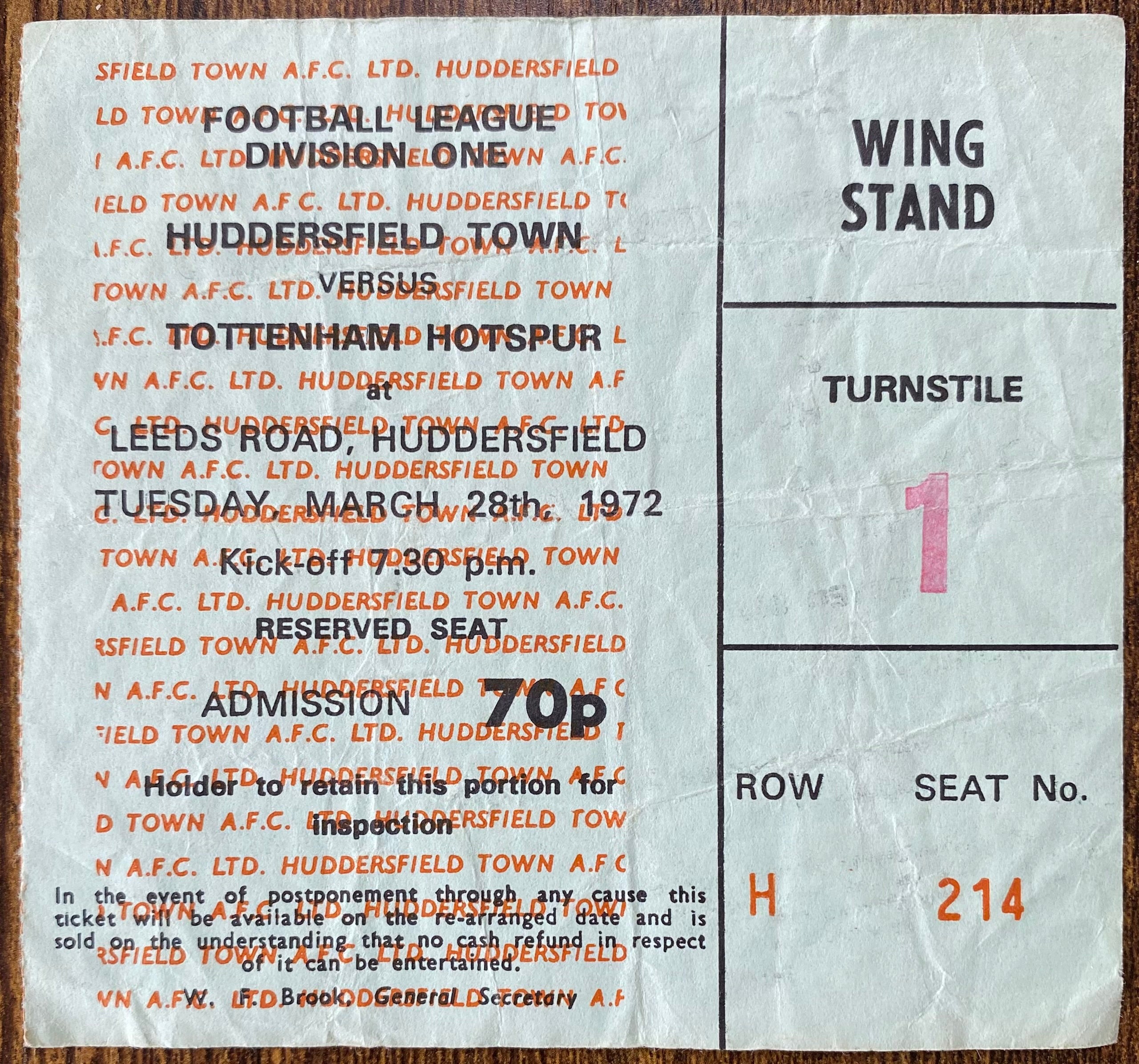 1971/72 ORIGINAL DIVISION 1 TICKET HUDDERSFIELD TOWN V TOTTENHAM HOTSPUR