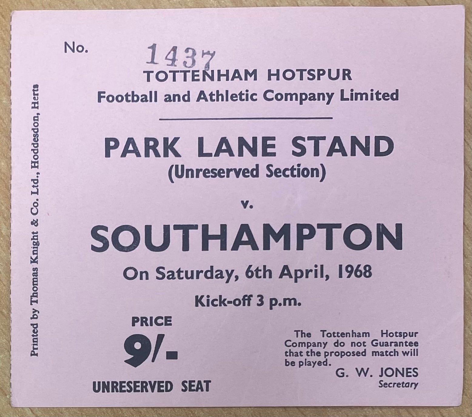 1967/68 ORIGINAL DIVISION ONE TICKET TOTTENHAM HOTSPUR V SOUTHAMPTON