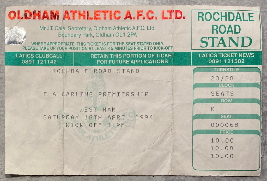 1993/94 ORIGINAL FA PREMIERSHIP TICKET OLDHAM ATHLETIC V WEST HAM UNITED