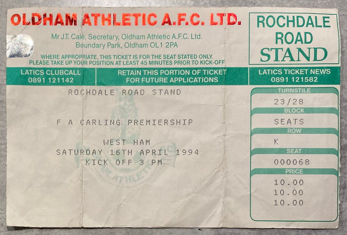 1993/94 ORIGINAL FA PREMIERSHIP TICKET OLDHAM ATHLETIC V WEST HAM UNITED
