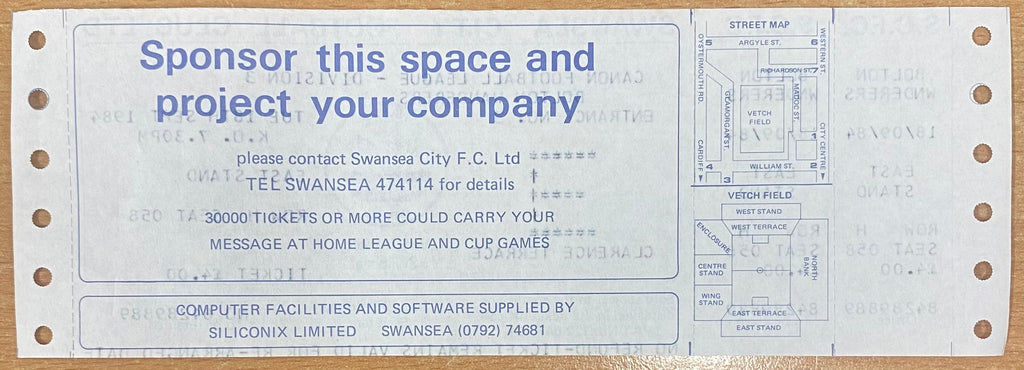 1984/85 ORIGINAL DIVISION 3 UNUSED TICKET SWANSEA CITY V BOLTON WANDERERS