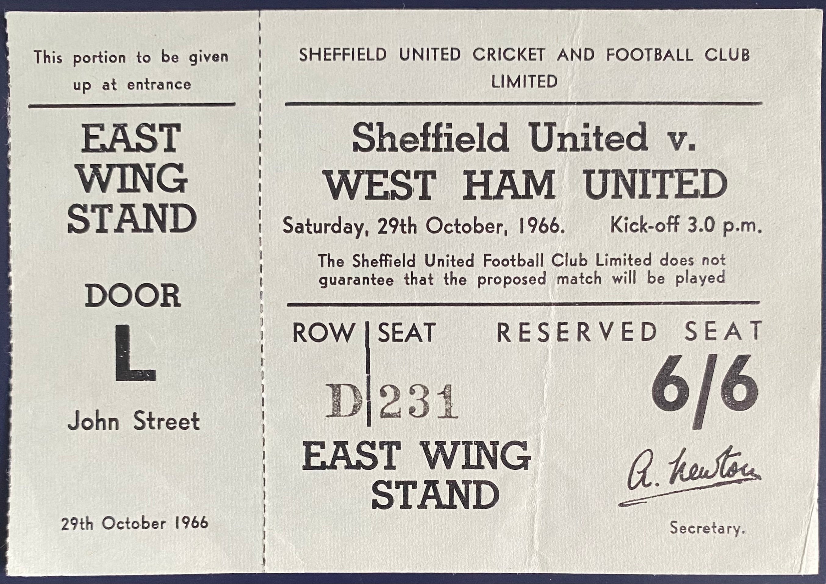 1966/67 ORIGINAL DIVISION 1 UNUSED TICKET SHEFFIELD UNITED V WEST HAM UNITED