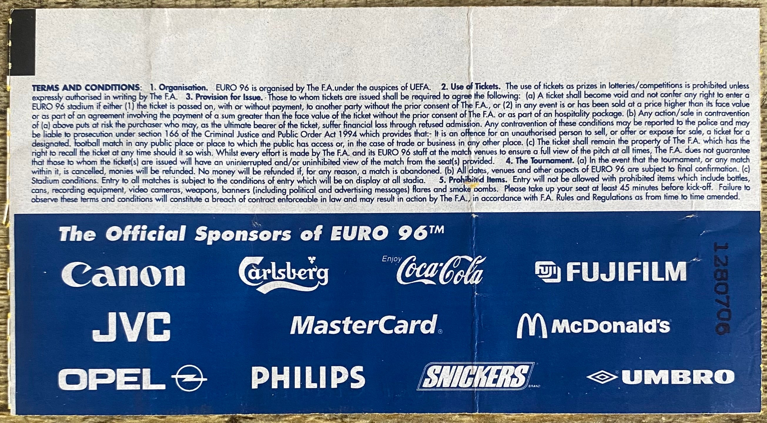 1996 ORIGINAL EUROPEAN CHAMPIONSHIPS EURO 96 QUARTER FINAL TICKET FRANCE V NETHERLANDS @ ANFIELD