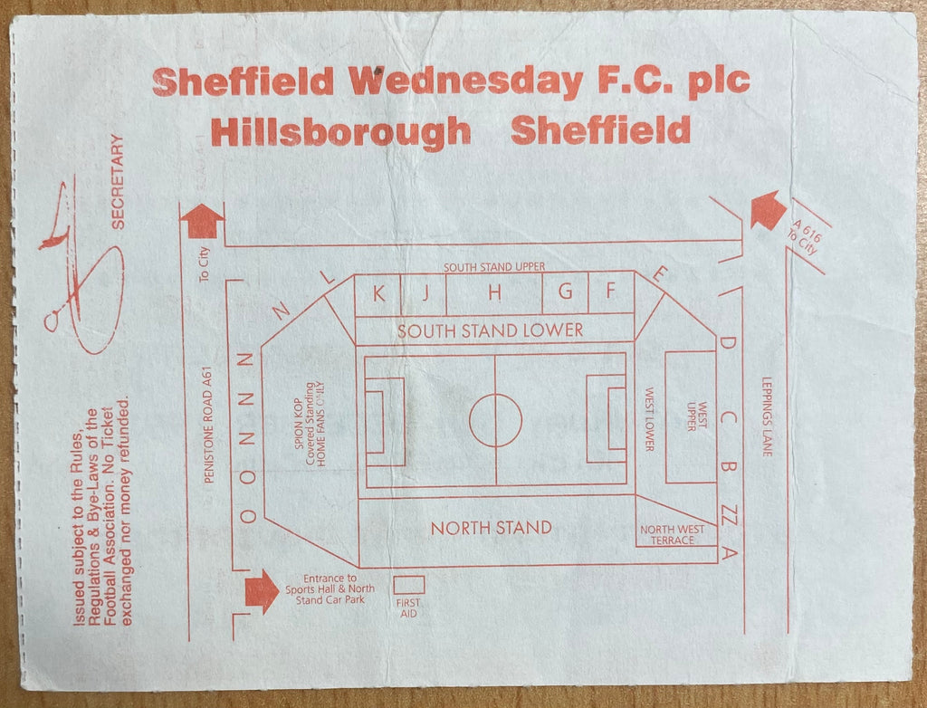 1992/93 ORIGINAL PREMIER LEAGUE TICKET SHEFFIELD WEDNESDAY V ASTON VILLA