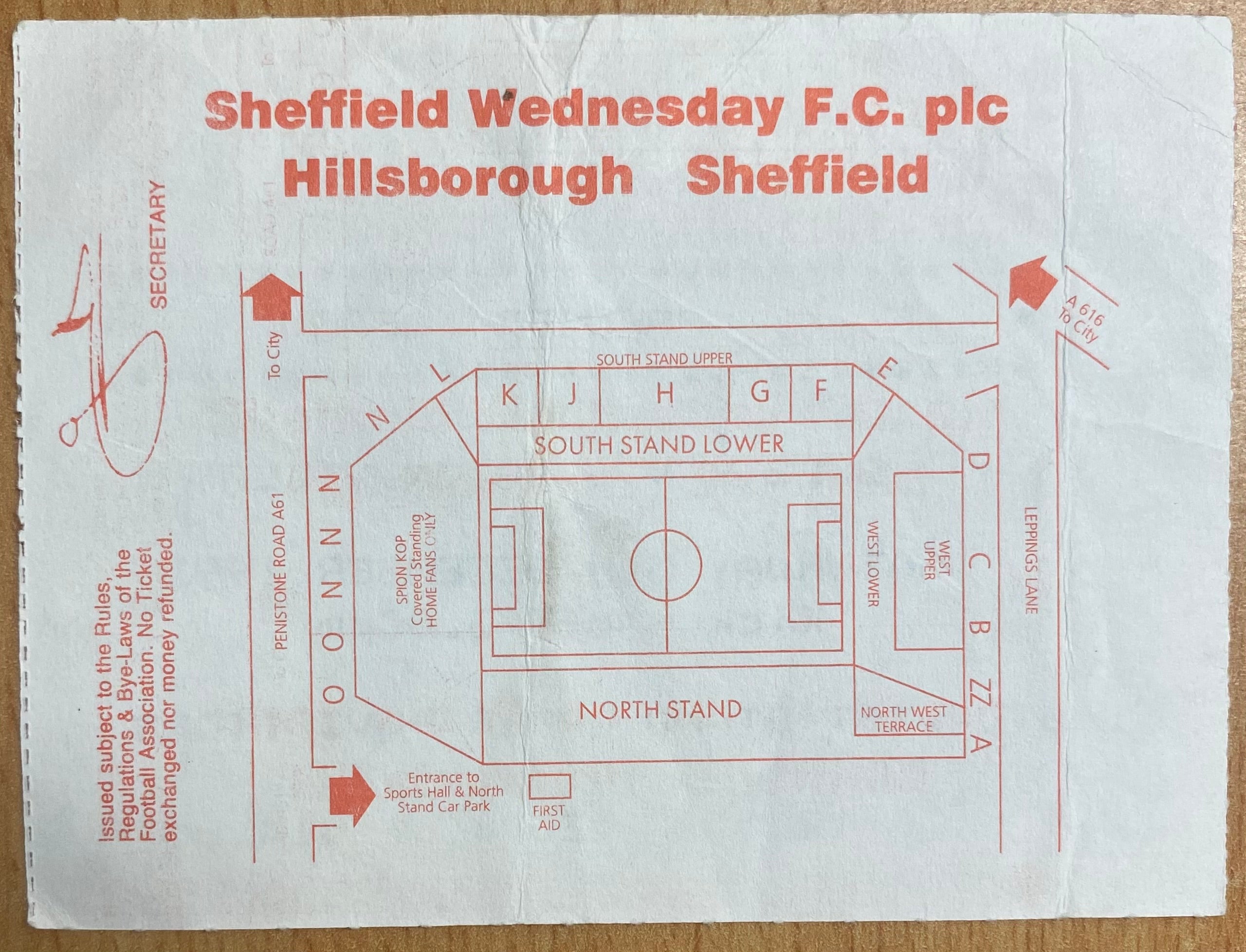 1992/93 ORIGINAL PREMIER LEAGUE TICKET SHEFFIELD WEDNESDAY V ASTON VILLA