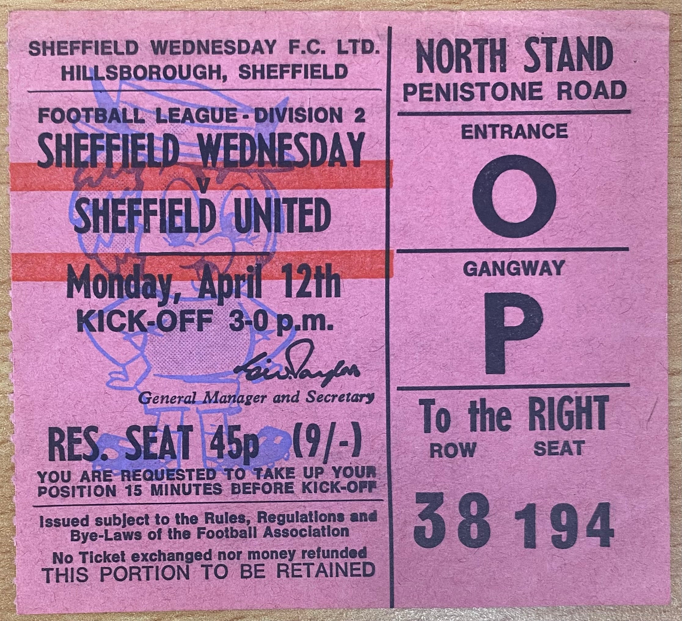 1970/71 ORIGINAL DIVISION 2 TICKET SHEFFIELD WEDNESDAY V SHEFFIELD UNITED