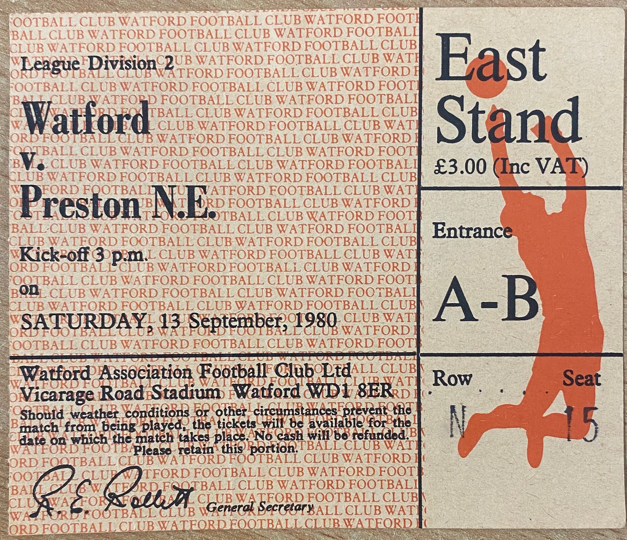 1980/81 ORIGINAL DIVISION TWO TICKET WATFORD V PRESTON NORTH END