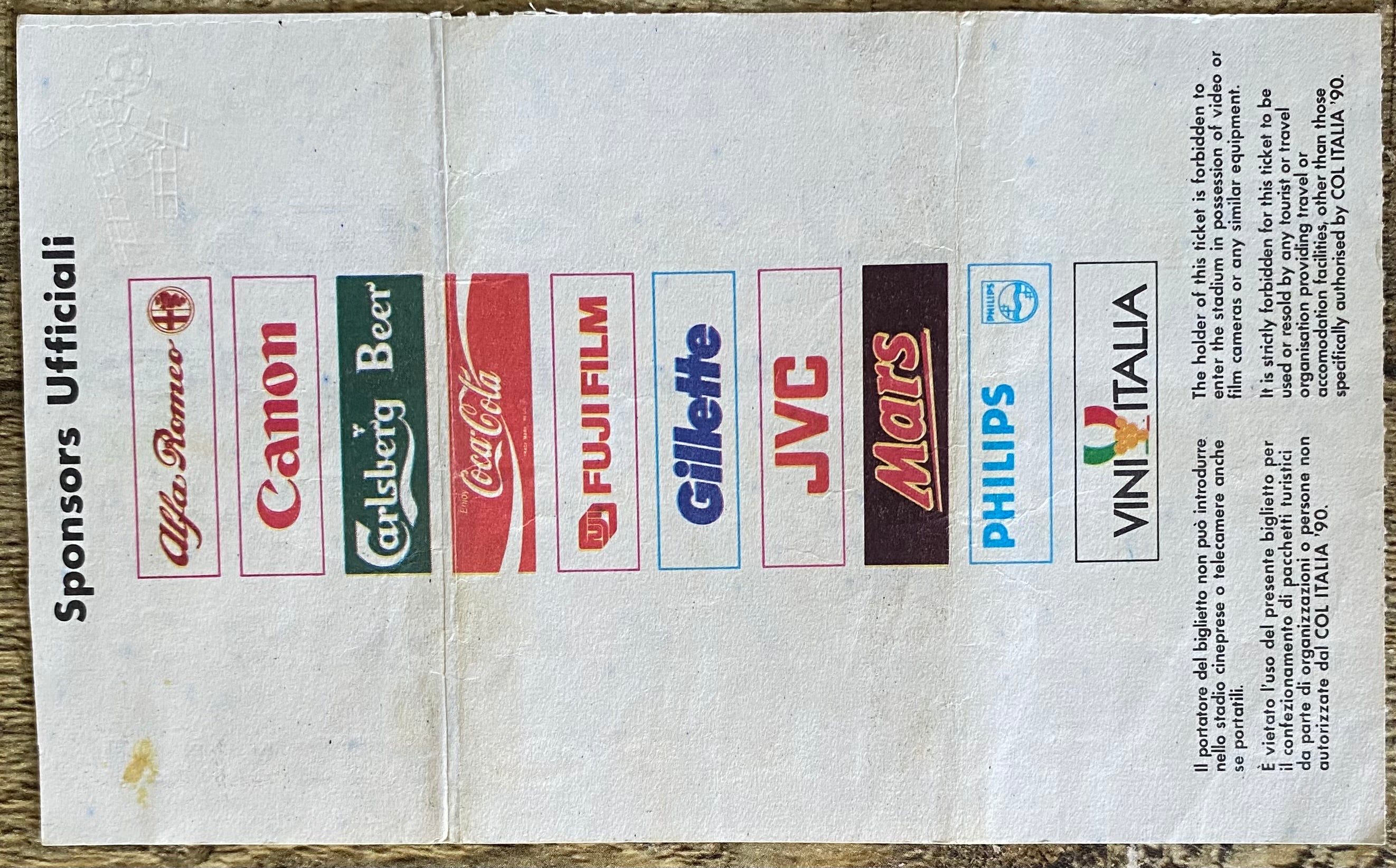 1990 ORIGINAL WORLD CUP 1ST ROUND TICKET REPUBLIC OF IRELAND V EYGPT @ PALERMO