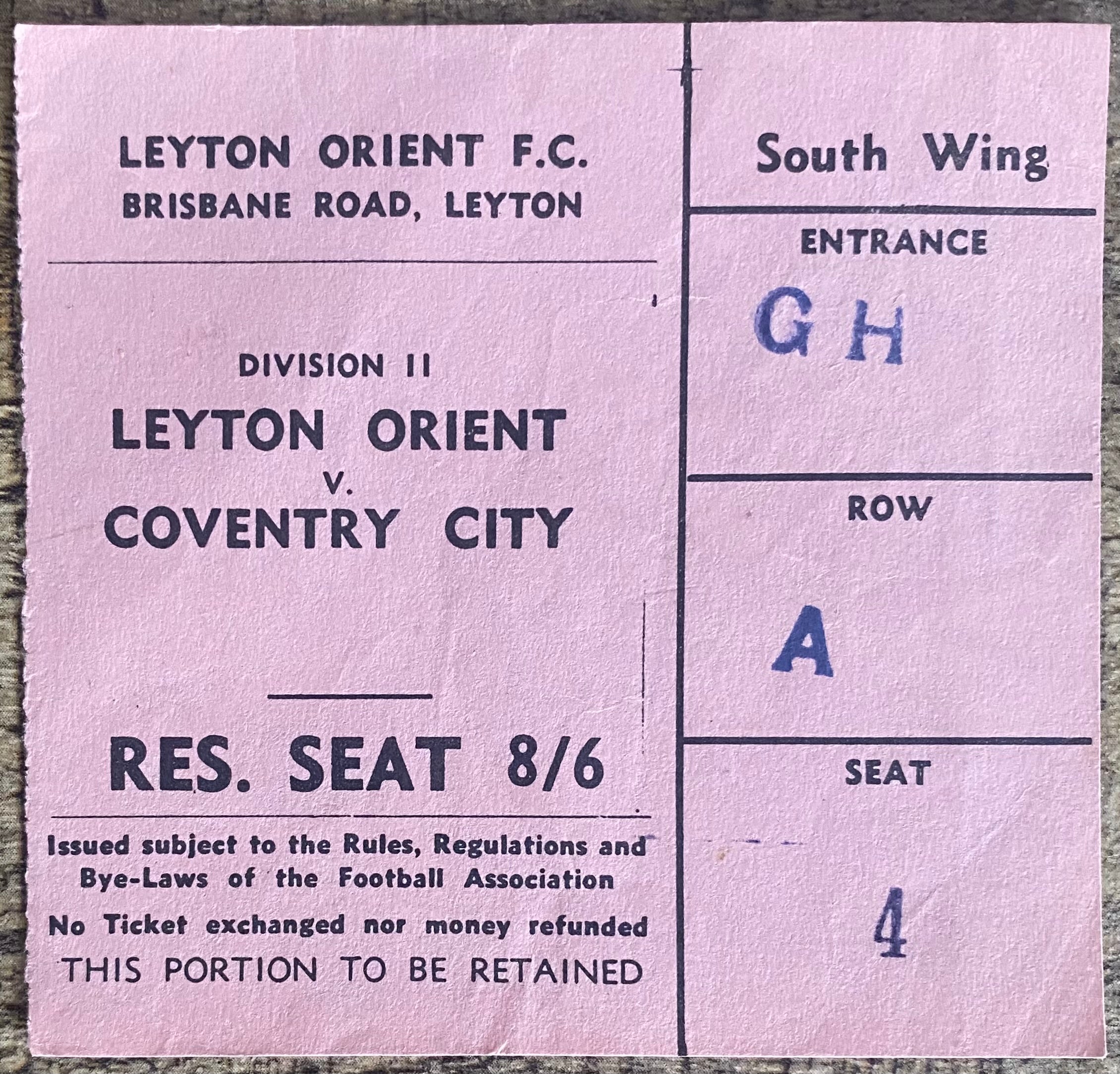 1964/65 ORIGINAL DIVISION 2 TICKET LEYTON ORIENT V COVENTRY CITY