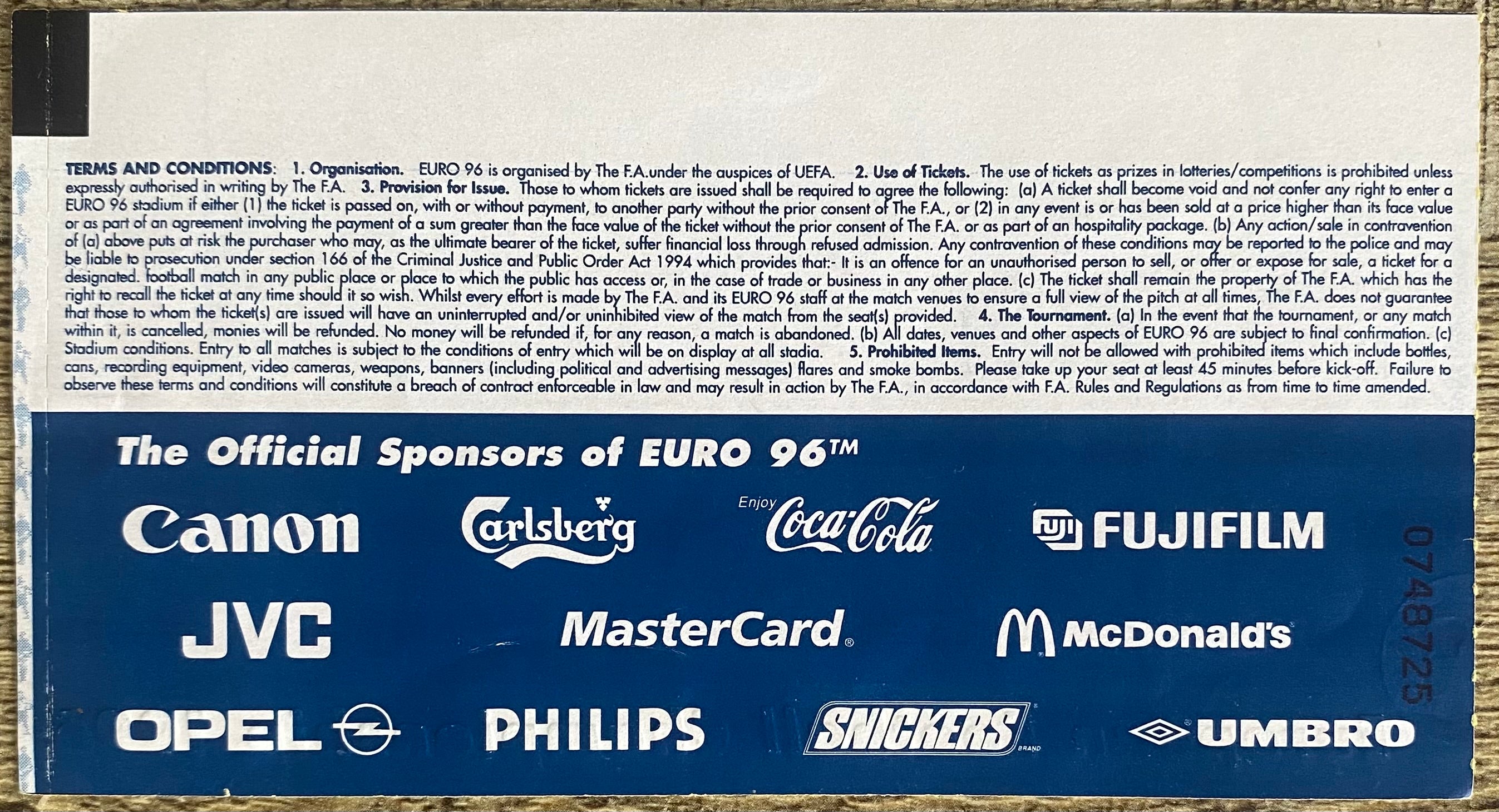 1996 ORIGINAL EUROPEAN CHAMPIONSHIPS EURO 96 QUARTER FINAL TICKET ENGLAND V SPAIN @ WEMBLEY