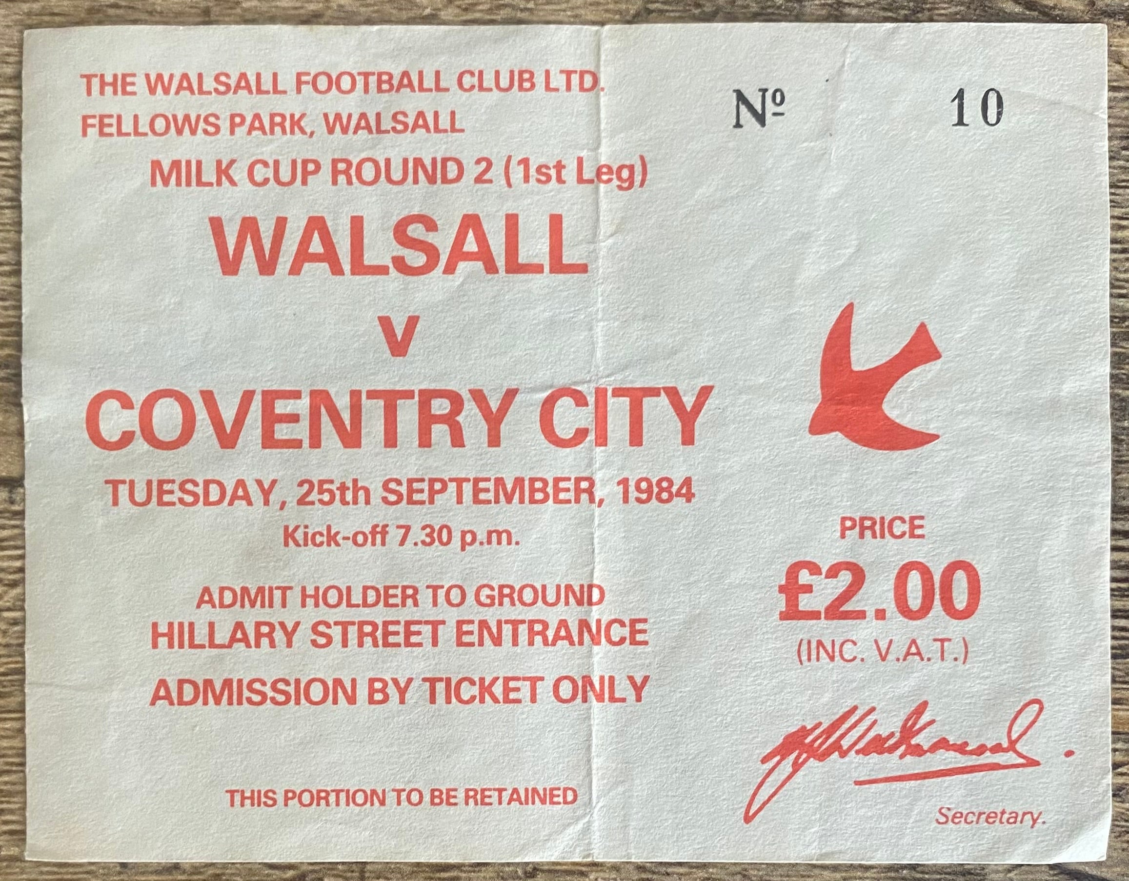 1984/85 ORIGINAL MILK CUP 2ND ROUND 1ST LEG TICKET WALSALL V COVENTRY CITY