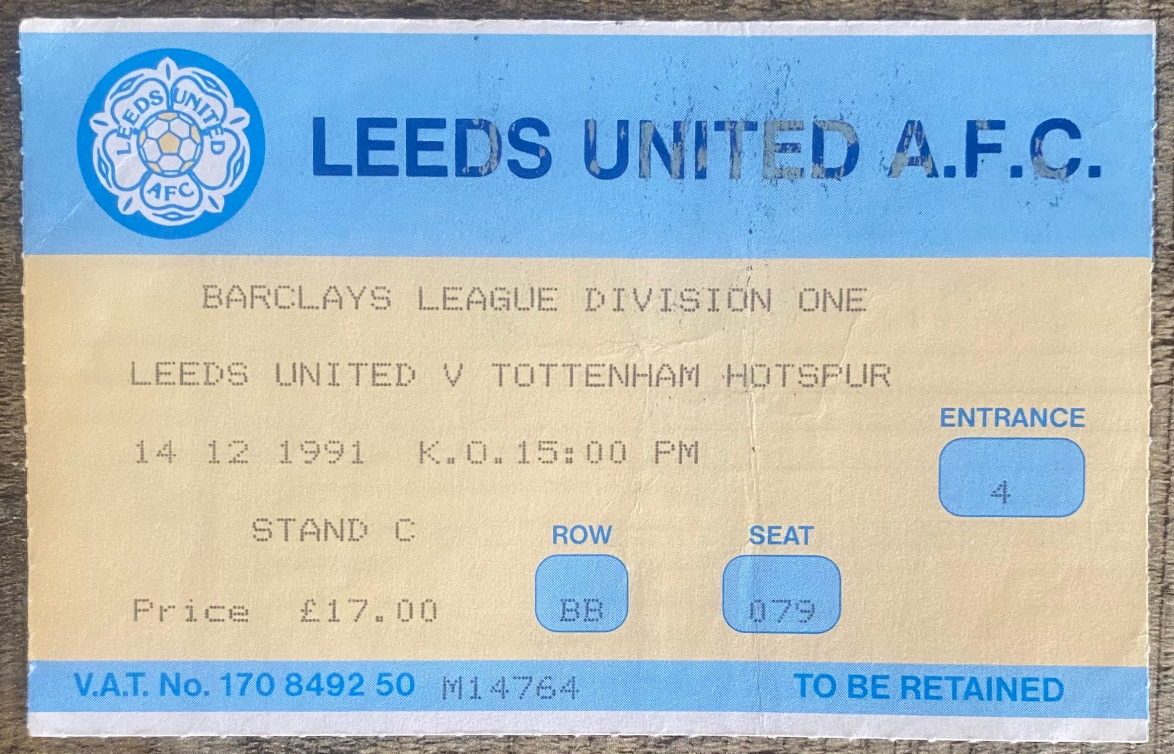 1991/92 ORIGINAL DIVISION 1 TICKET LEEDS UNITED V TOTTENHAM HOTSPUR