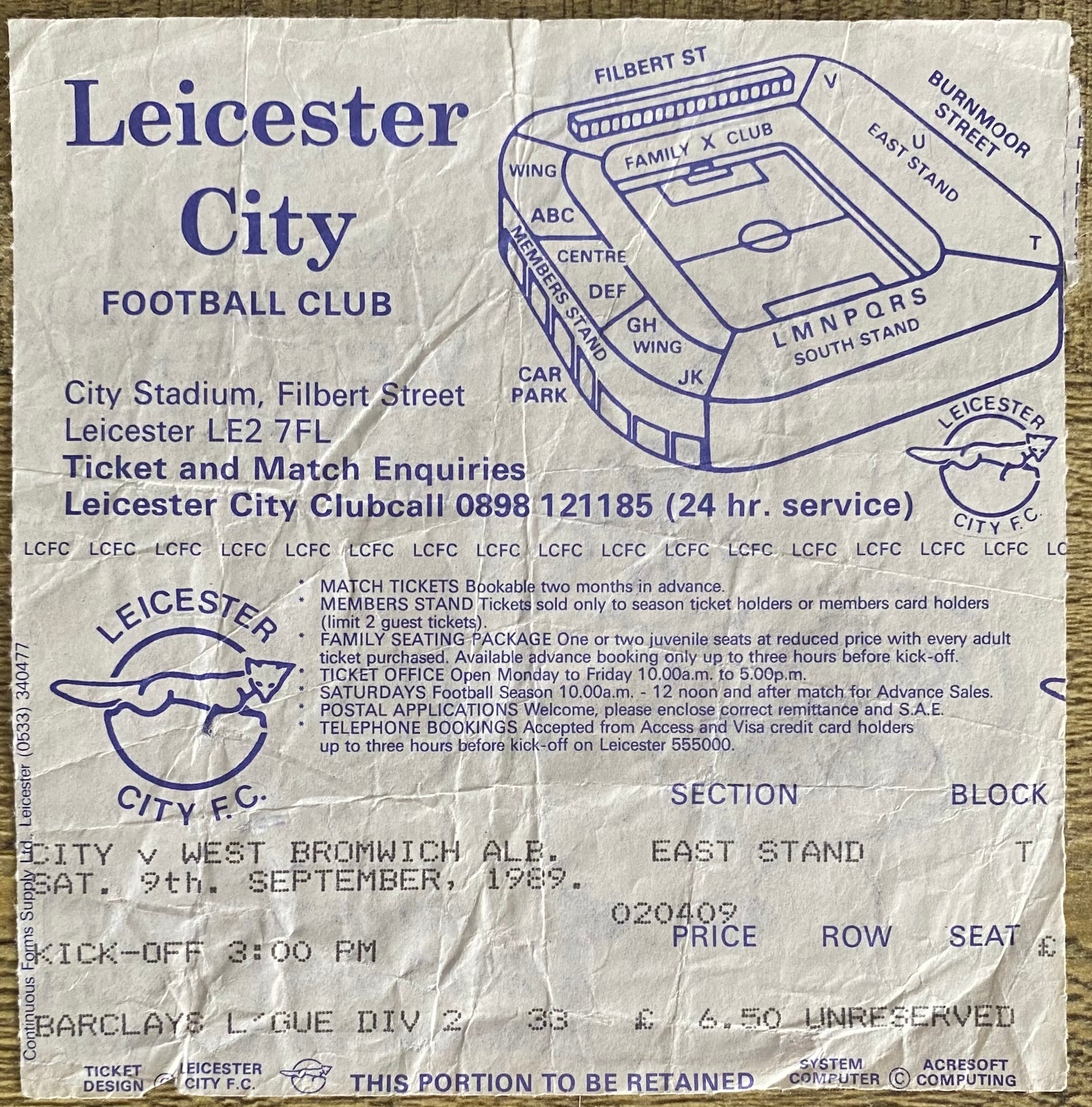 1989/90 ORIGINAL DIVISION 2 TICKET LEICESTER CITY V WEST BROMWICH ALBION