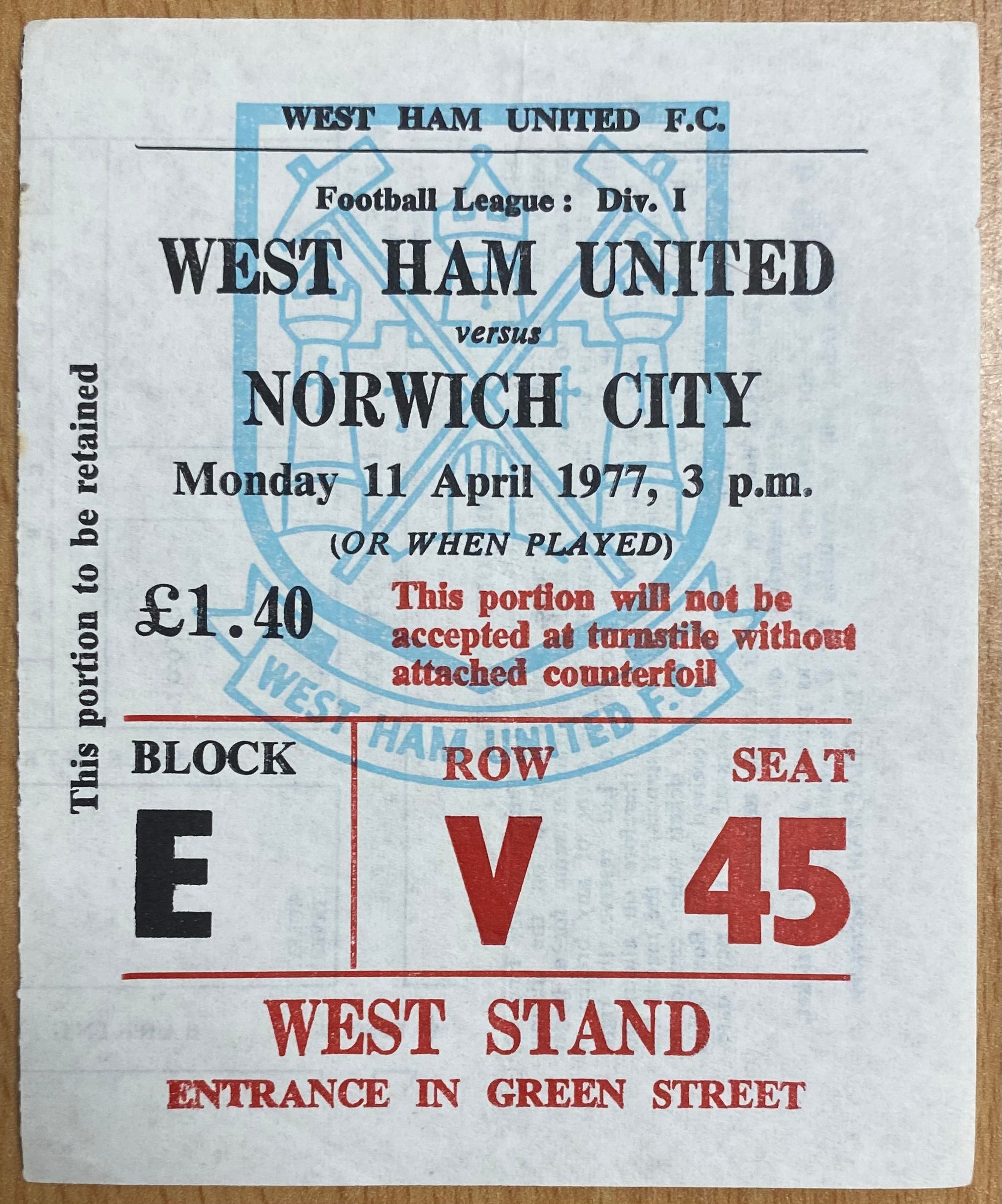 1976/77 ORIGINAL DIVISION ONE TICKET WEST HAM UNITED V NORWICH CITY