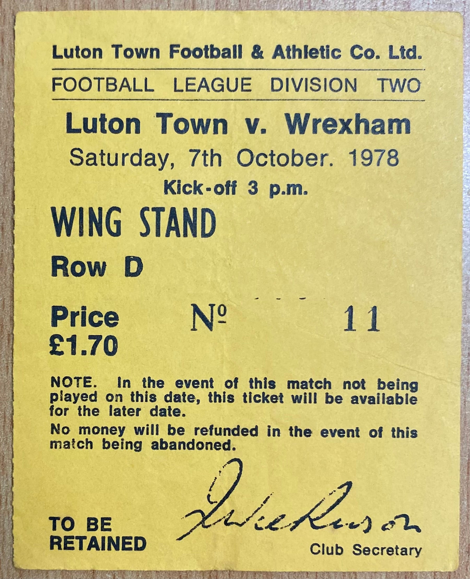1978/79 ORIGINAL DIVISION 2 TICKET LUTON TOWN V WREXHAM