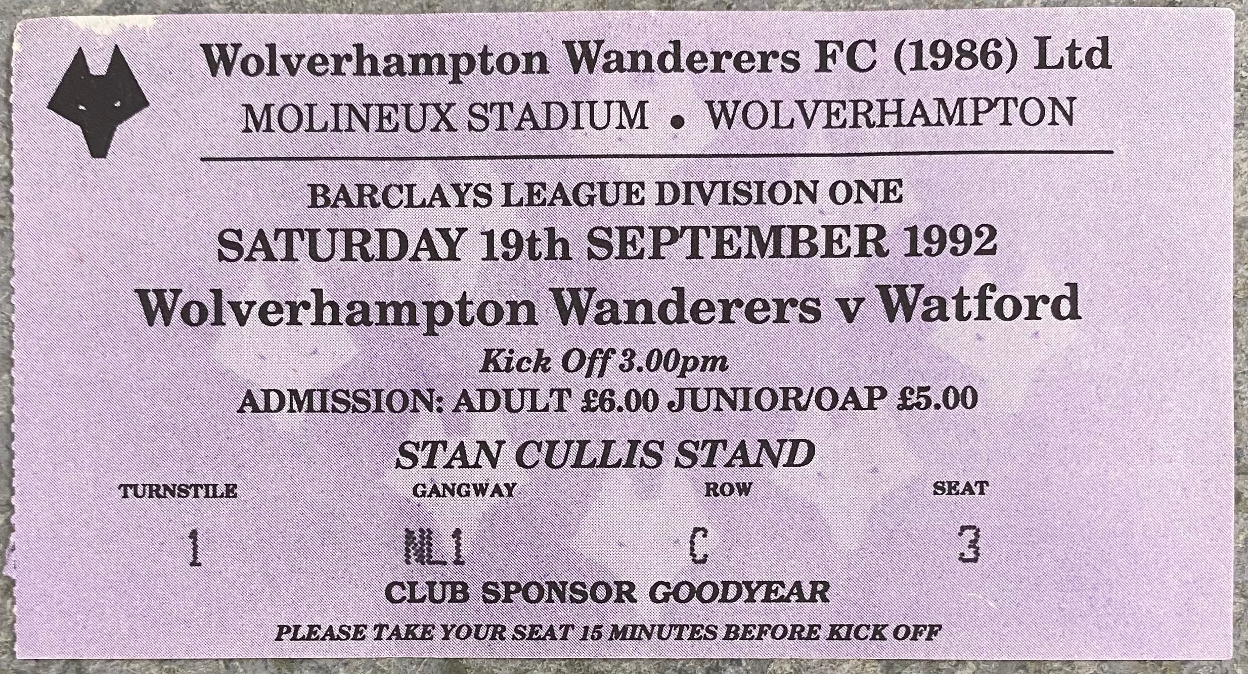 1992/93 ORIGINAL DIVISION 1 TICKET WOLVERHAMPTON WANDERERS V WATFORD