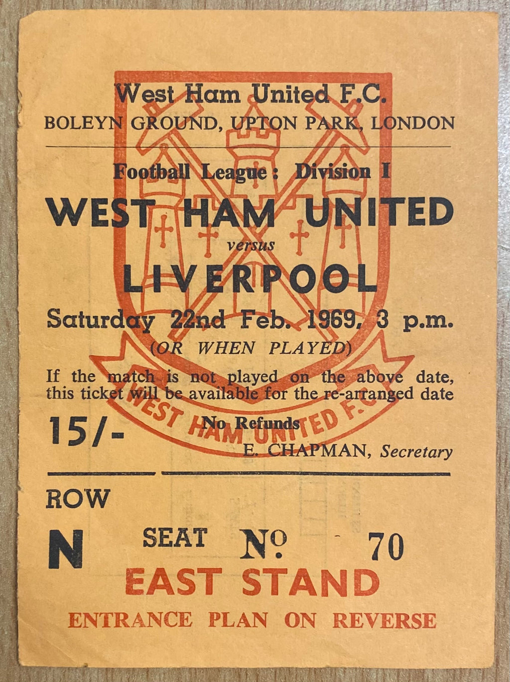 1968/69 ORIGINAL DIVISION 1 TICKET WEST HAM UNITED V LIVERPOOL