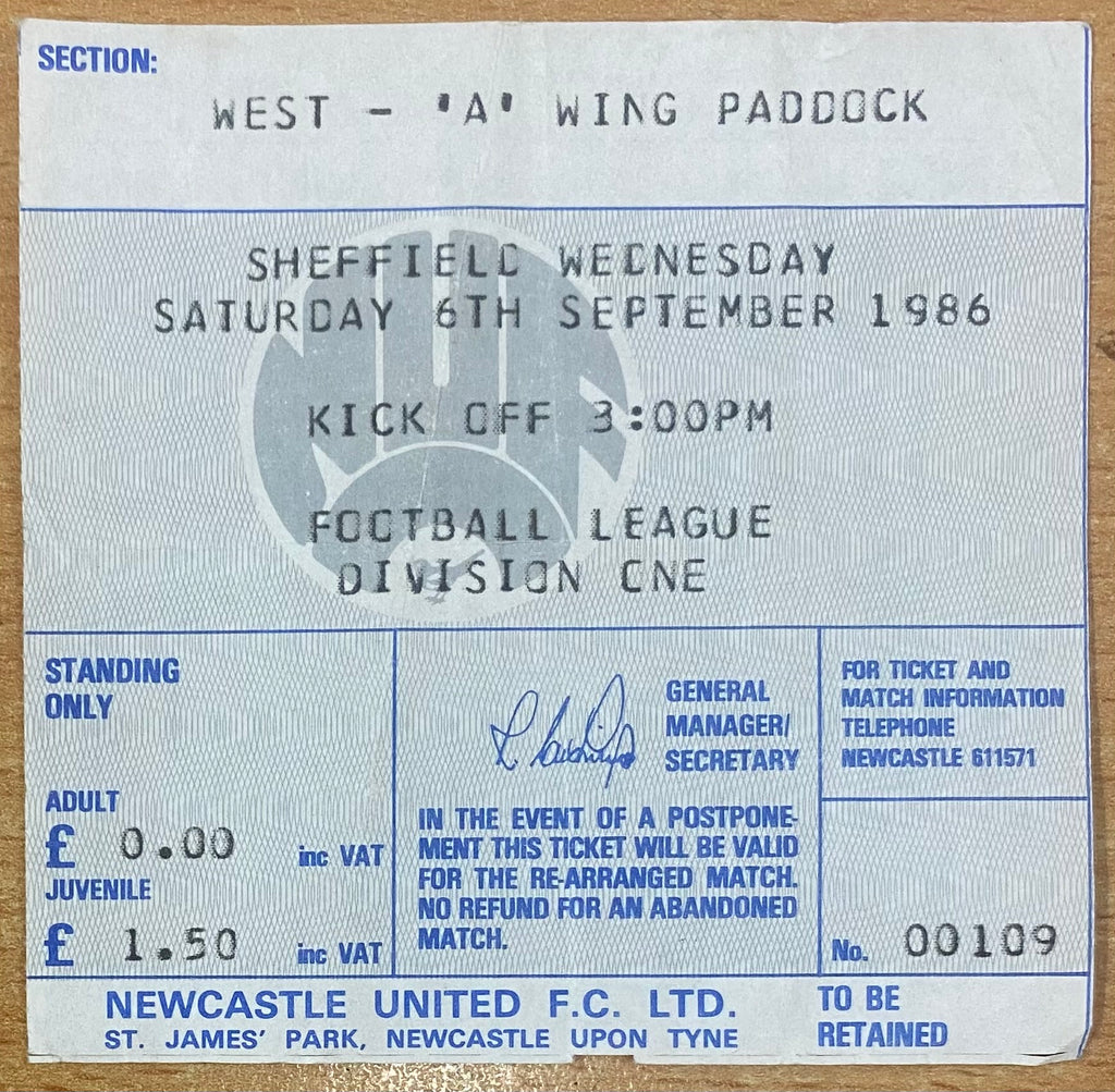 1986/87 ORIGINAL DIVISION 1 TICKET NEWCASTLE UNITED V SHEFFIELD WEDNESDAY